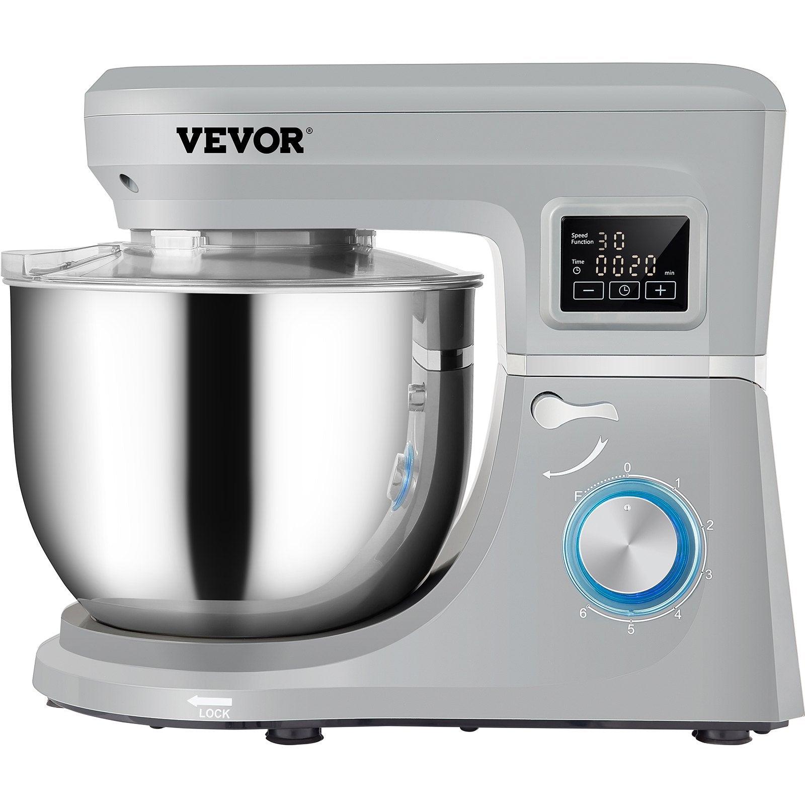 VEVOR Stand Mixer, 660W Electric Dough Mixer with 6 Speeds LCD Screen Timing, Tilt-Head Food Mixer with 7.4 Qt Stainless Steel Bowl, Dough Hook, Flat Beater, Whisk, Scraper, Splash-Proof Cover - Gray 