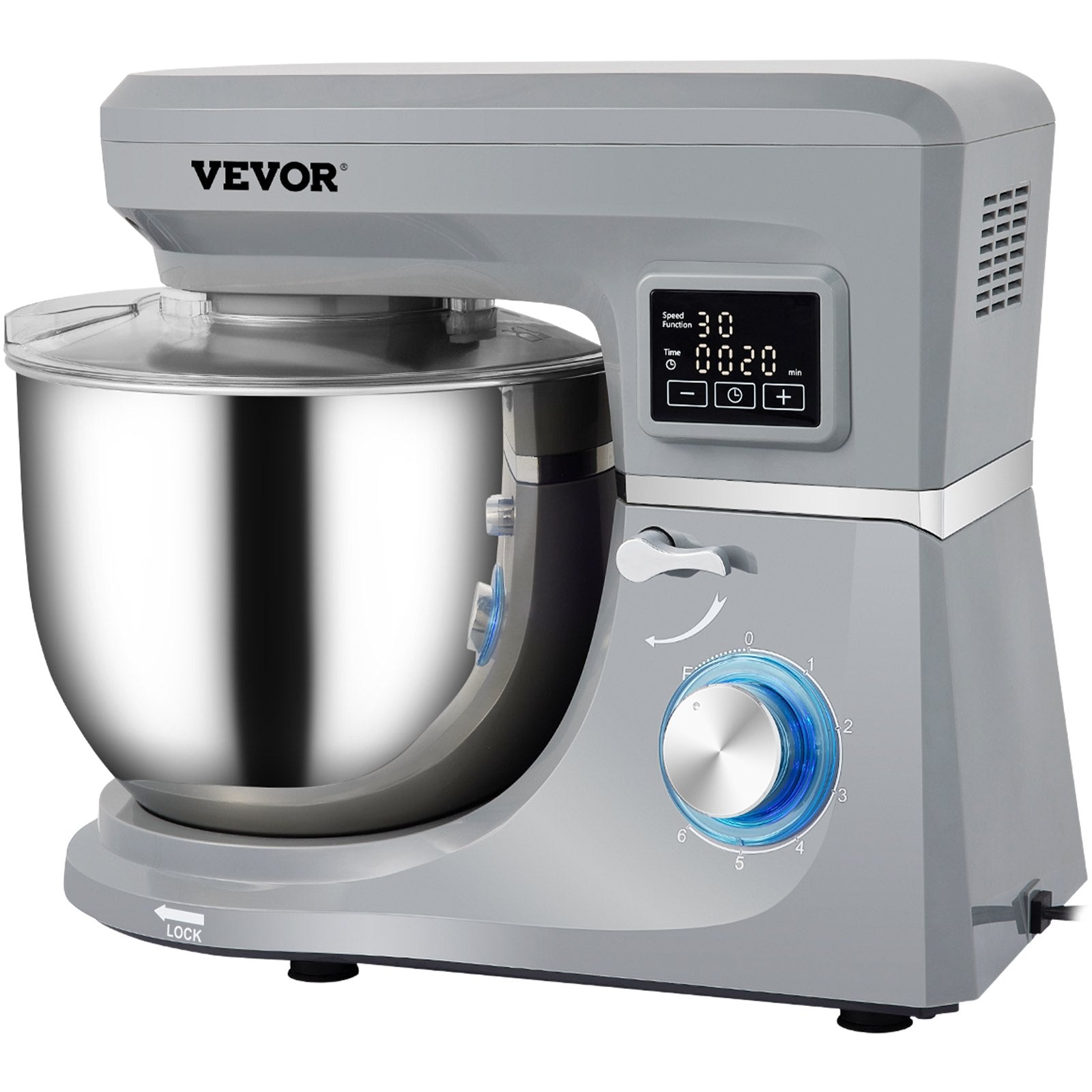 VEVOR Stand Mixer, 660W Electric Dough Mixer with 6 Speeds LCD Screen Timing, Tilt-Head Food Mixer with 7.4 Qt Stainless Steel Bowl, Dough Hook, Flat Beater, Whisk, Scraper, Splash-Proof Cover - Gray 