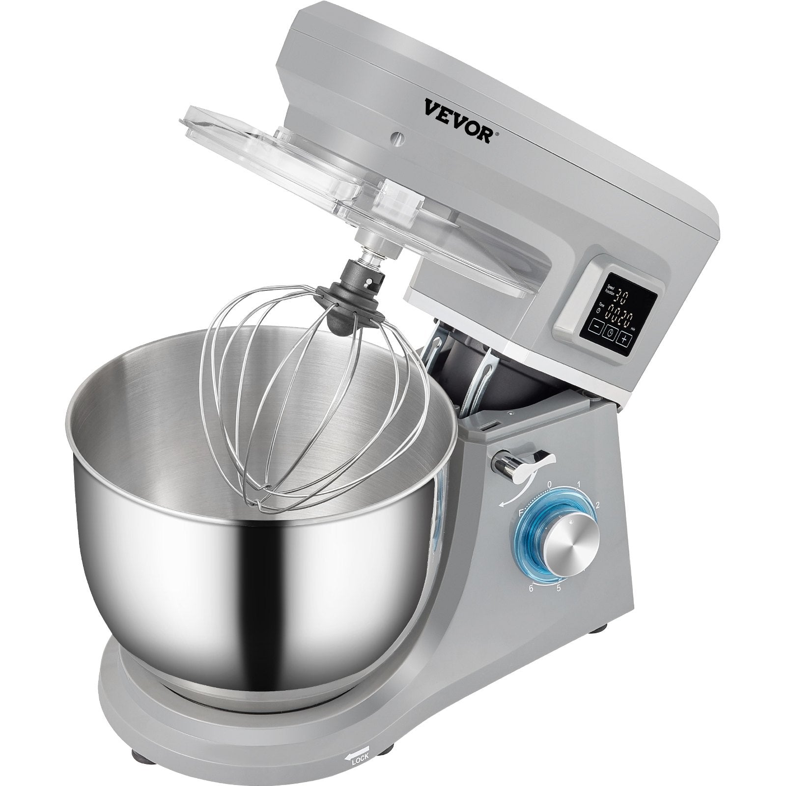VEVOR Stand Mixer, 660W Electric Dough Mixer with 6 Speeds LCD Screen Timing, Tilt-Head Food Mixer with 7.4 Qt Stainless Steel Bowl, Dough Hook, Flat Beater, Whisk, Scraper, Splash-Proof Cover - Gray 