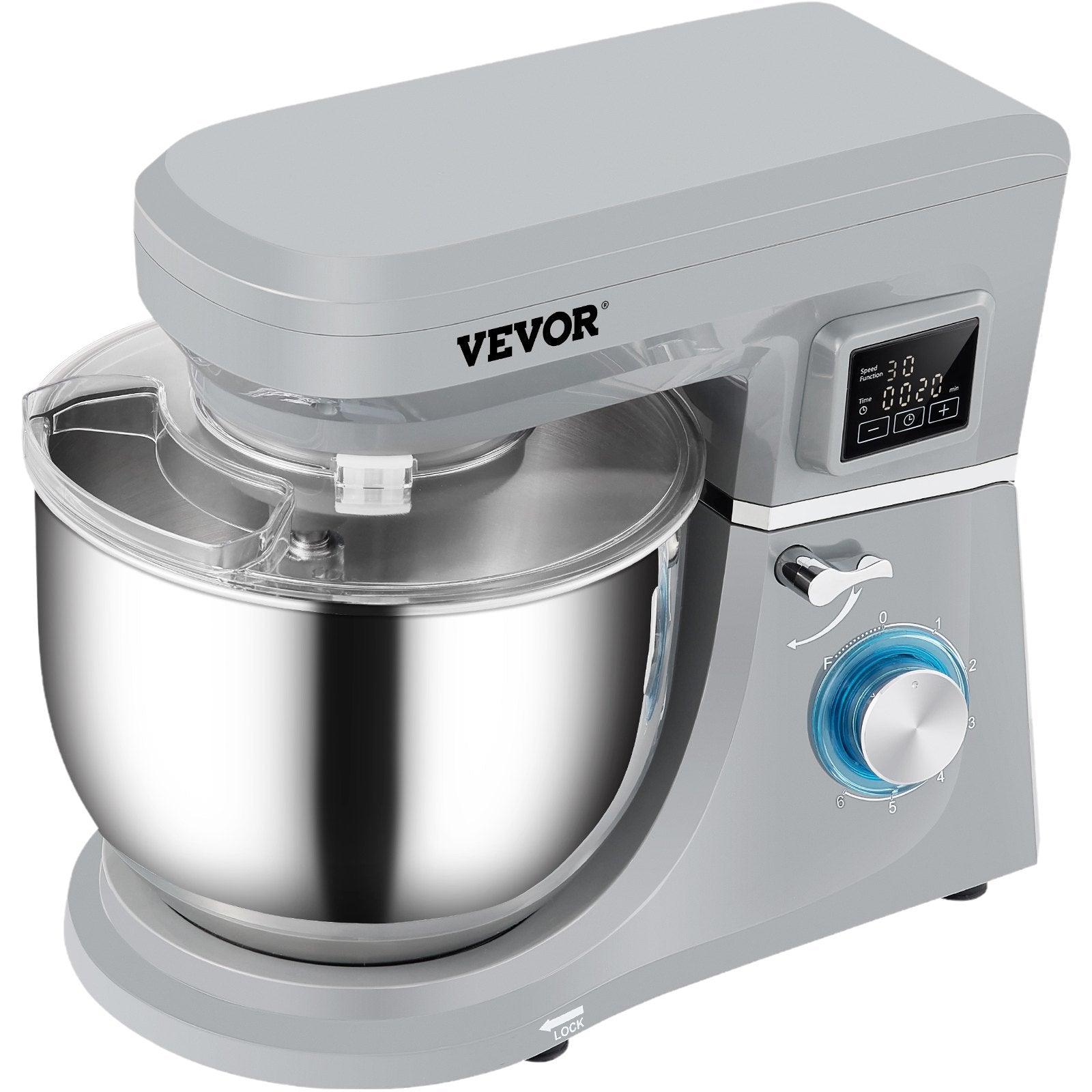 VEVOR Stand Mixer, 660W Electric Dough Mixer with 6 Speeds LCD Screen Timing, Tilt-Head Food Mixer with 7.4 Qt Stainless Steel Bowl, Dough Hook, Flat Beater, Whisk, Scraper, Splash-Proof Cover - Gray 