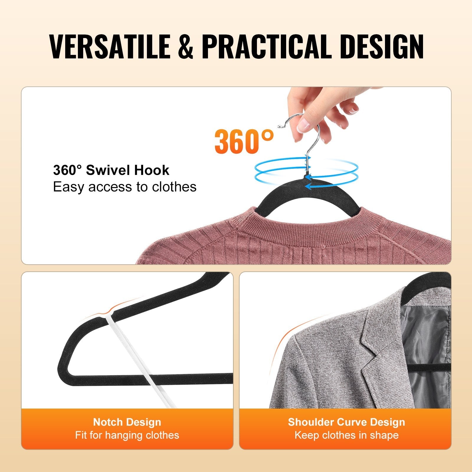 VEVOR Velvet Hangers 50 Pack Black Non-Slip Hangers with 360 Degree Swivel Hook 