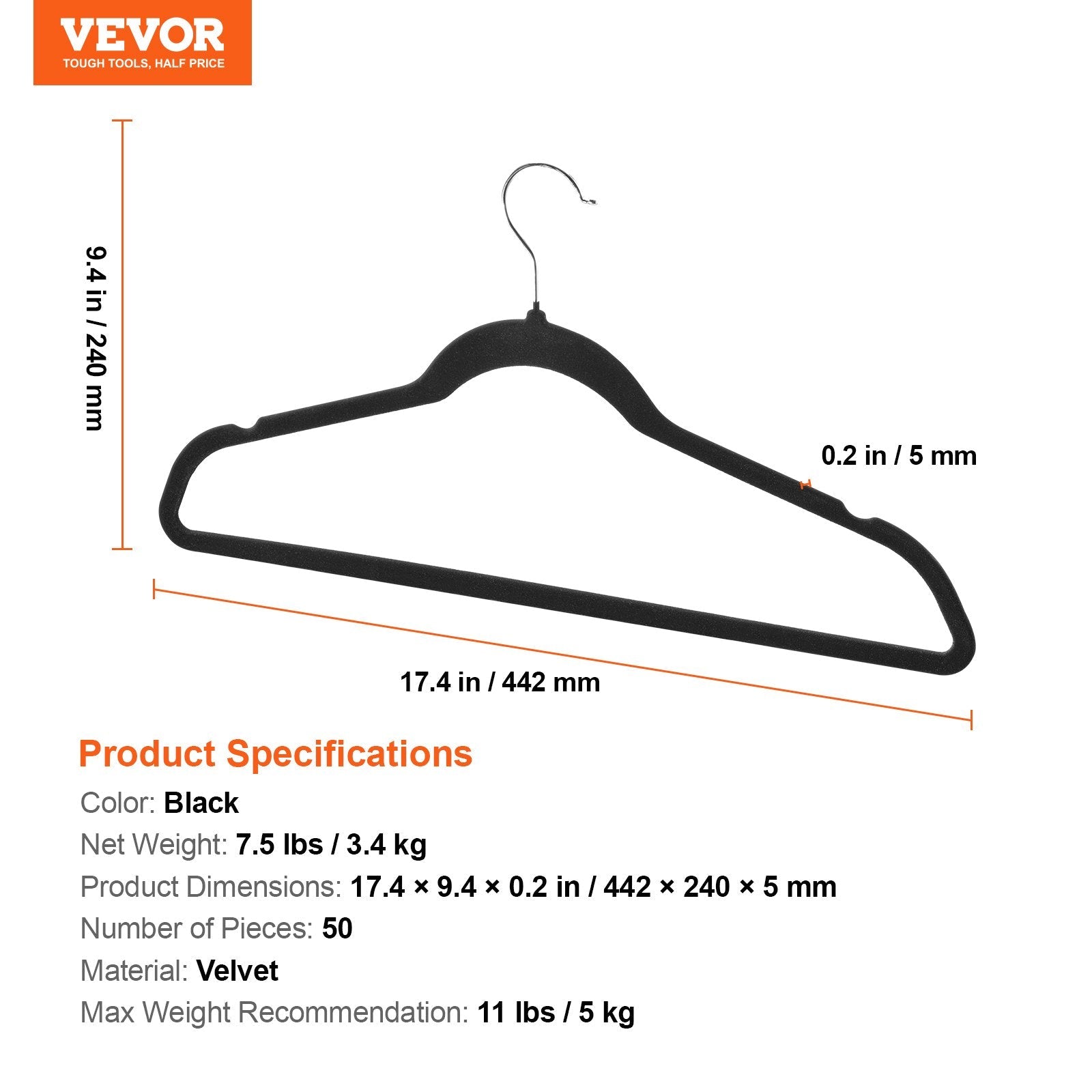 VEVOR Velvet Hangers 50 Pack Black Non-Slip Hangers with 360 Degree Swivel Hook 