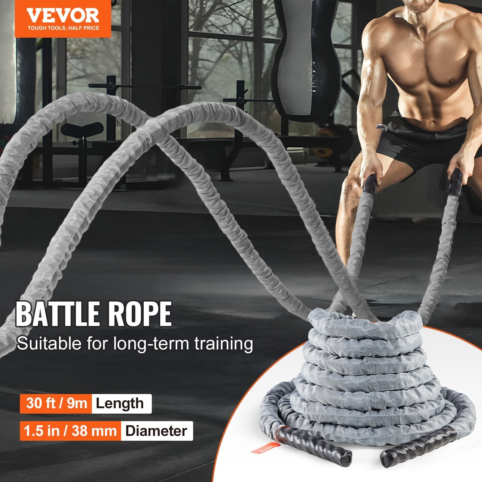 VEVOR Battle Rope 1.5" 30Ft Gym Workout Strength Training Exercise Fitness Rope 