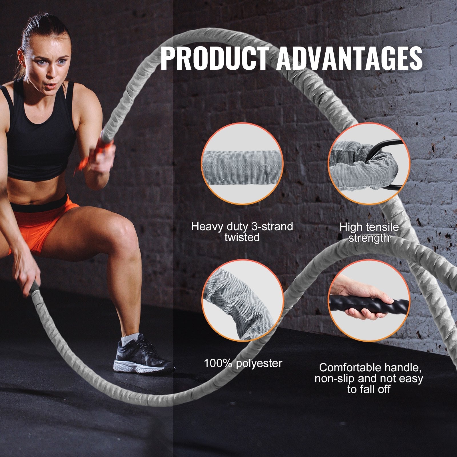 VEVOR Battle Rope 1.5" 30Ft Gym Workout Strength Training Exercise Fitness Rope 