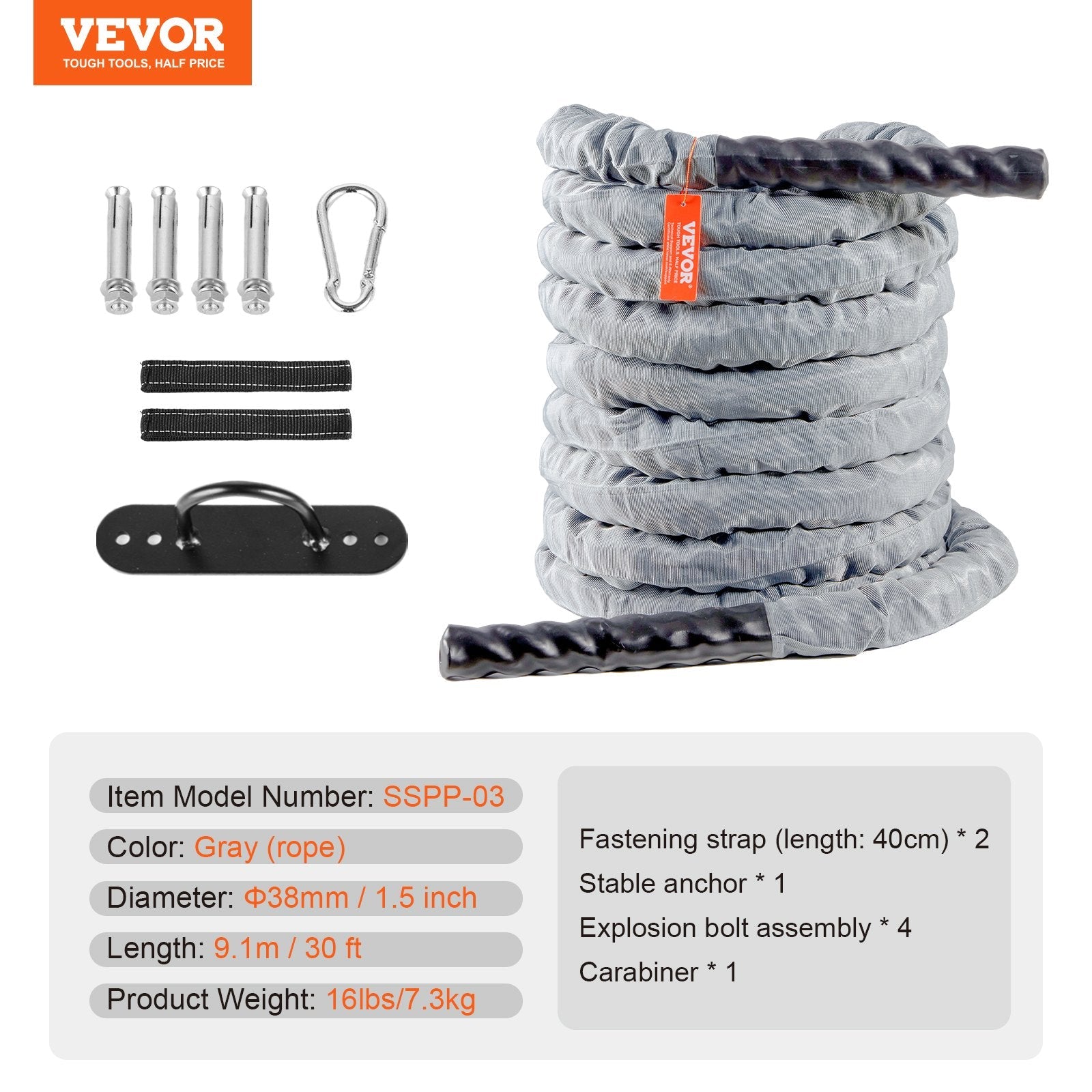 VEVOR Battle Rope 1.5" 30Ft Gym Workout Strength Training Exercise Fitness Rope 