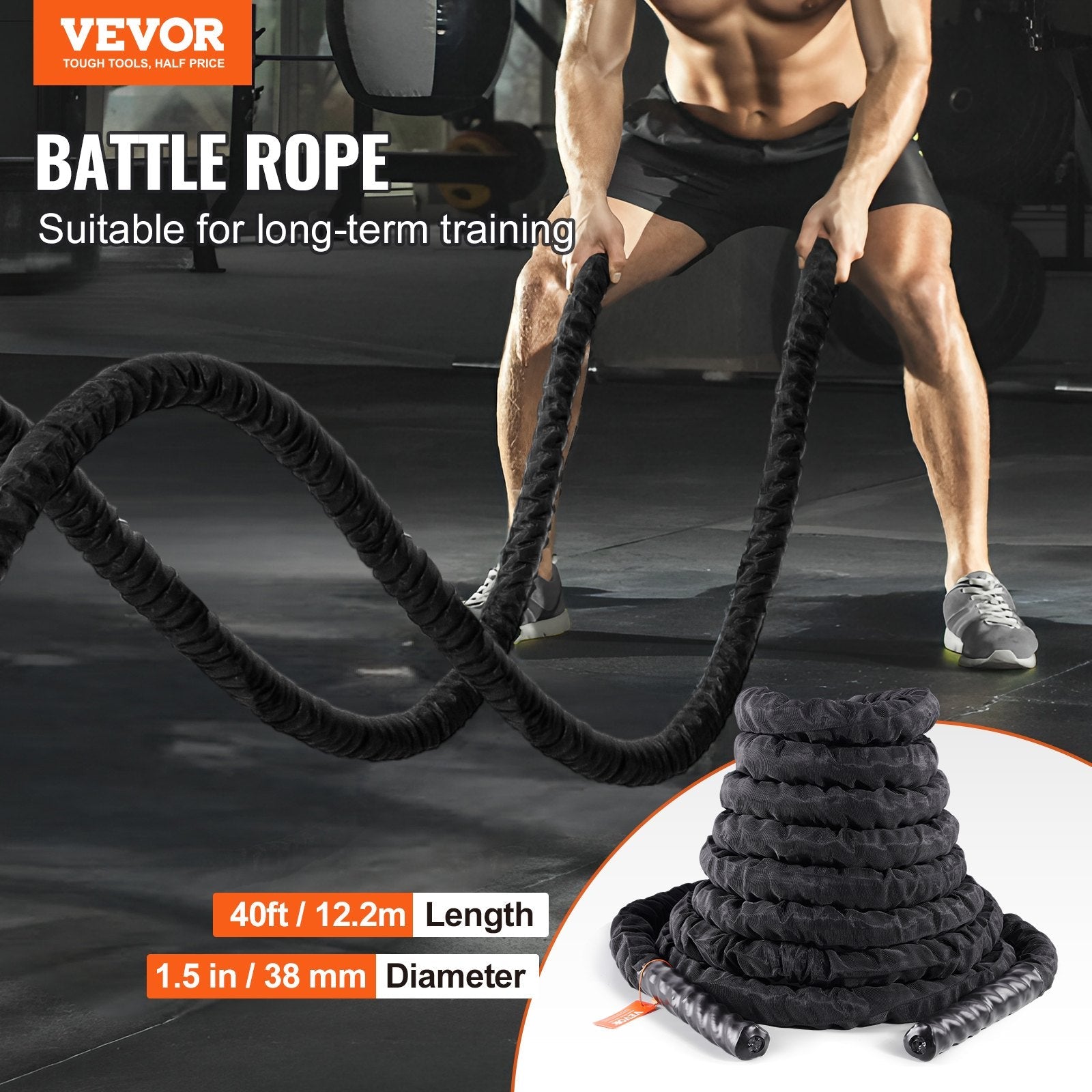 VEVOR Battle Rope 1.5" 40Ft Gym Workout Strength Training Exercise Fitness Rope 