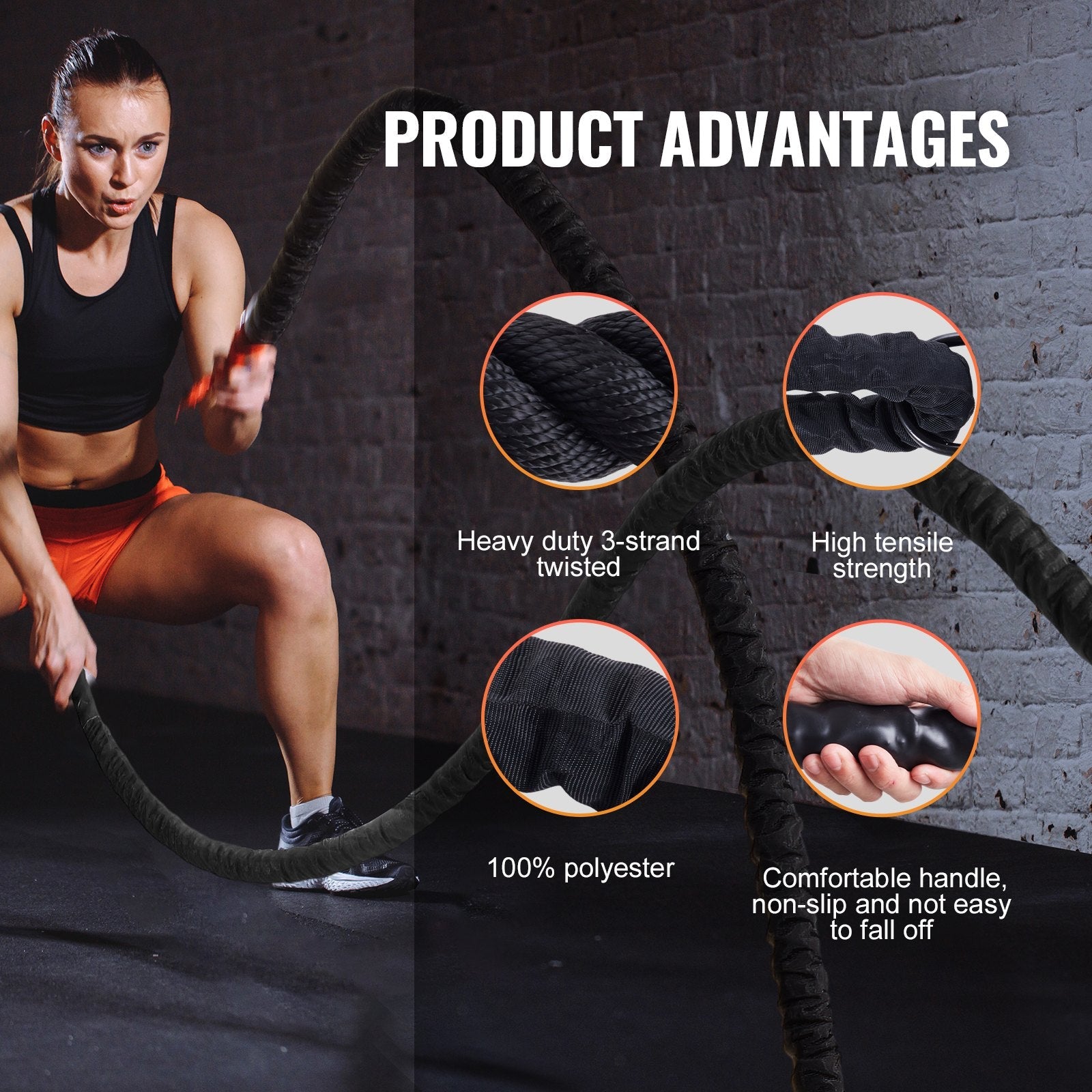 VEVOR Battle Rope 1.5" 40Ft Gym Workout Strength Training Exercise Fitness Rope 