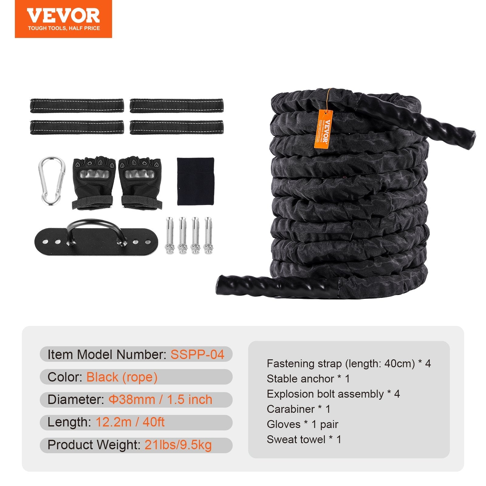 VEVOR Battle Rope 1.5" 40Ft Gym Workout Strength Training Exercise Fitness Rope 