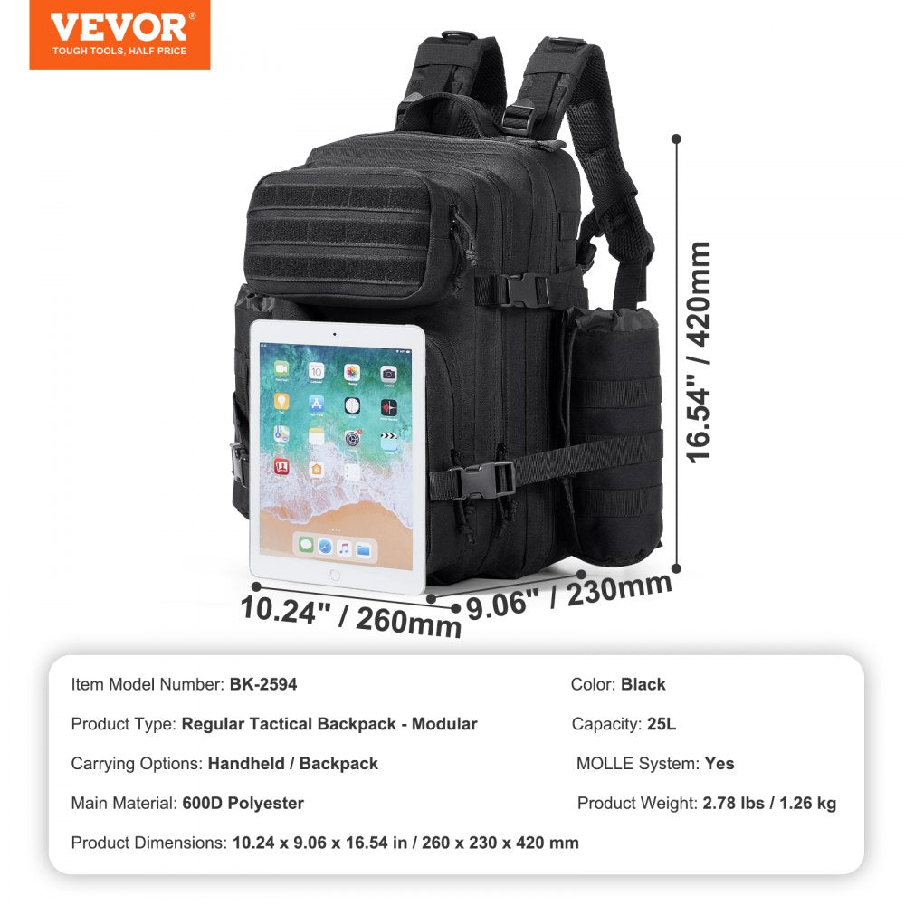 VEVOR Tactical Backpack 25L Military Backpack with Molle Mode & 3 Compartments 