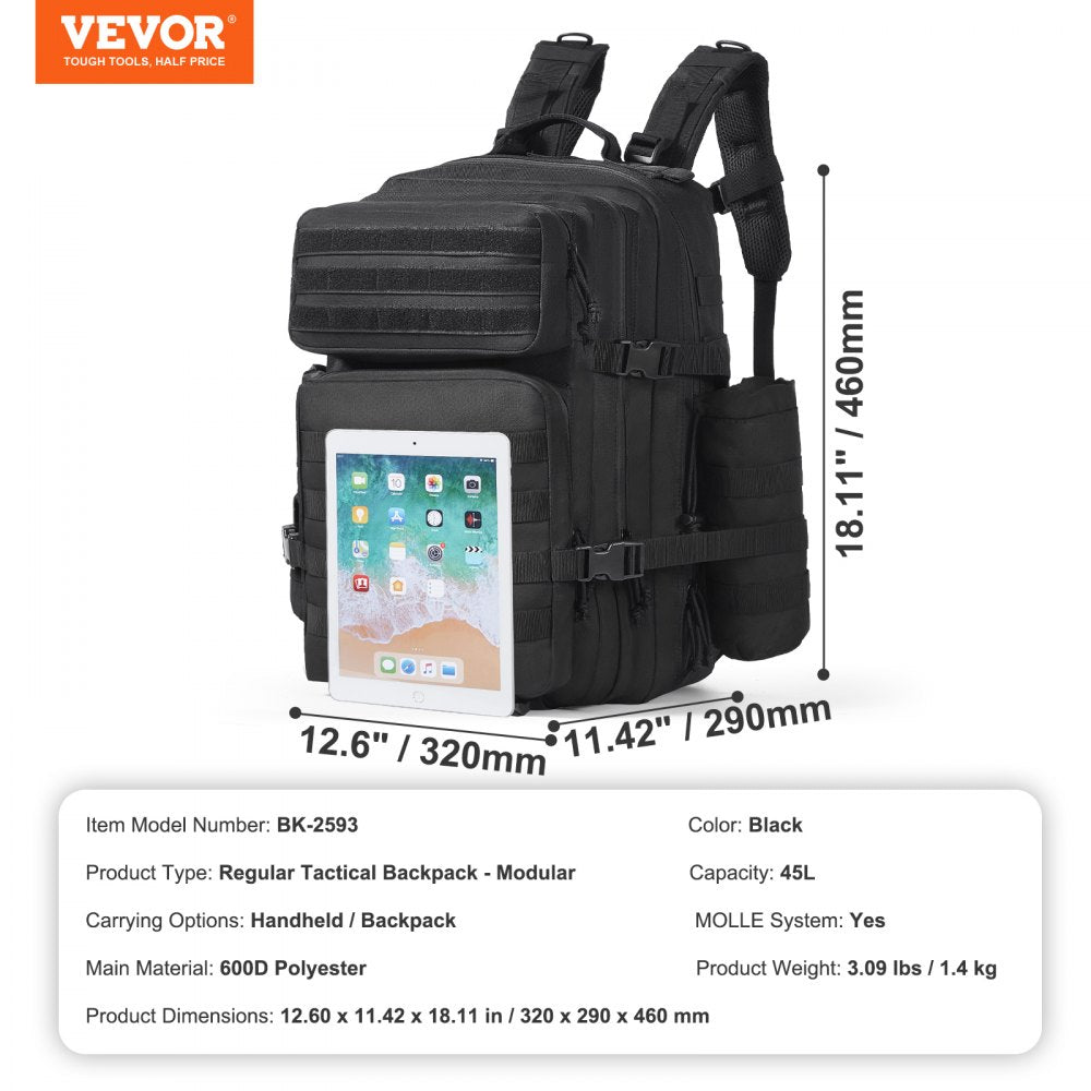 VEVOR Tactical Backpack 45L Military Backpack with Molle Mode & 3 Compartments 