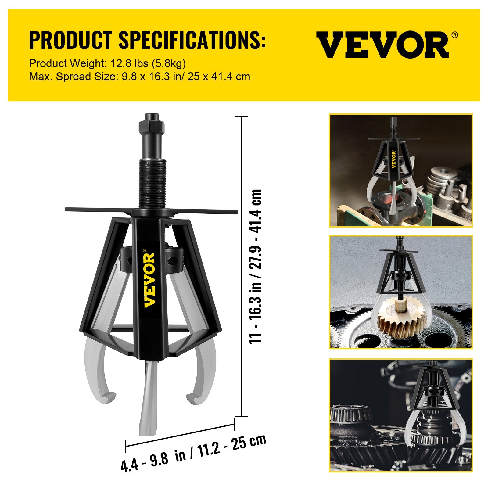VEVOR 3 Jaw Gear Puller, 10 Ton/22040 LBS Capacity Manual Puller,11\" -16.3\" Spread Reach and 4.4\"- 9.8\" Spread Range, 14.5\" Lead Screw Length Gear Removal Tools For Slide Gears, Pulleys, and Flyw 