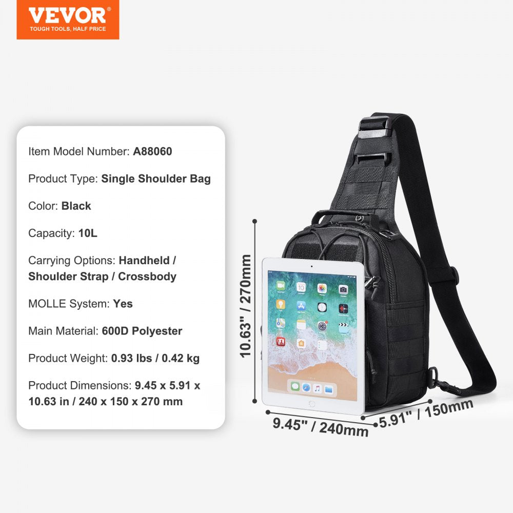 VEVOR Tactical Sling Bag 10L Military Rover Shoulder Sling Backpack Black 