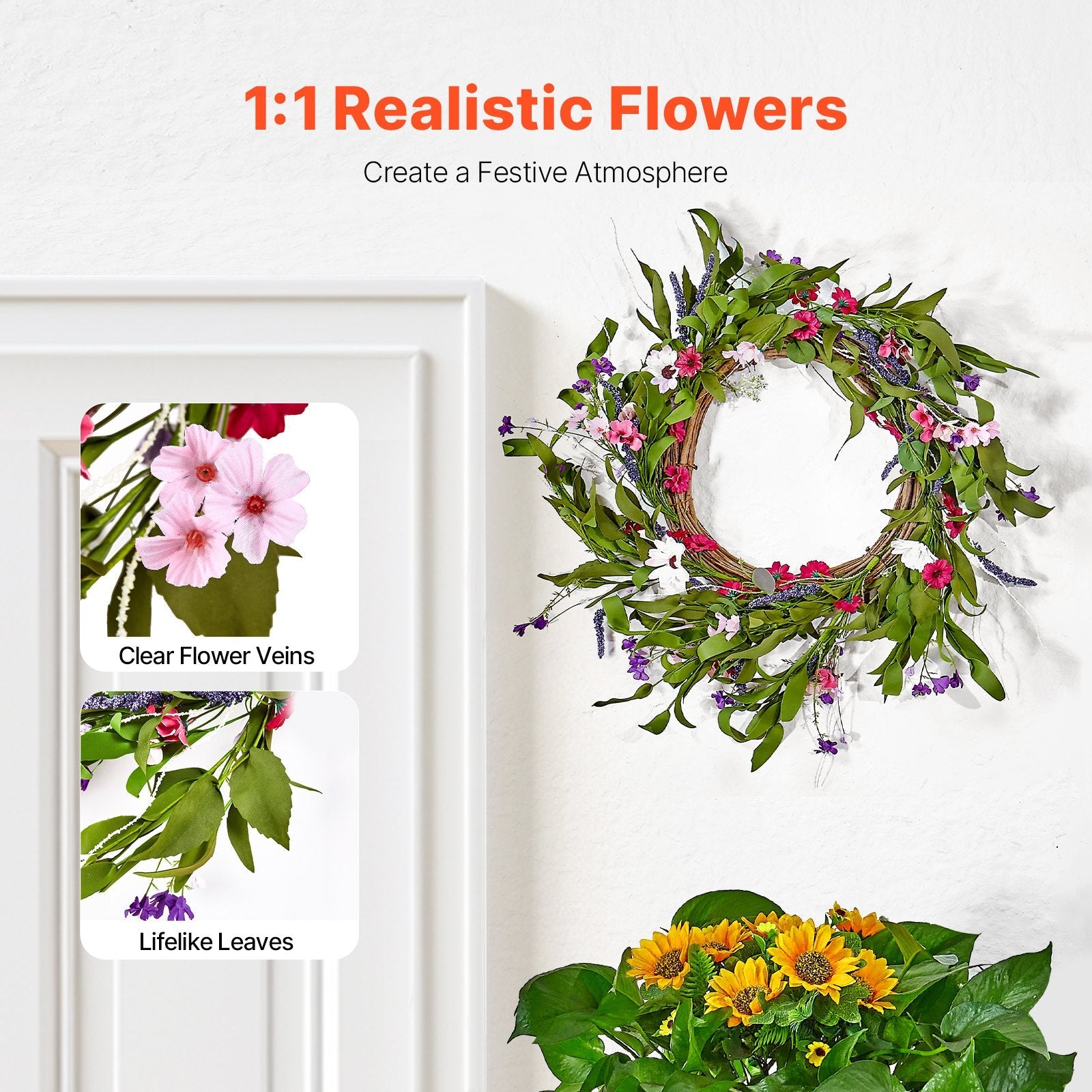 VEVOR Artificial Decorative Wreath 22 in Pink Green Daisies Year Round Wreath 