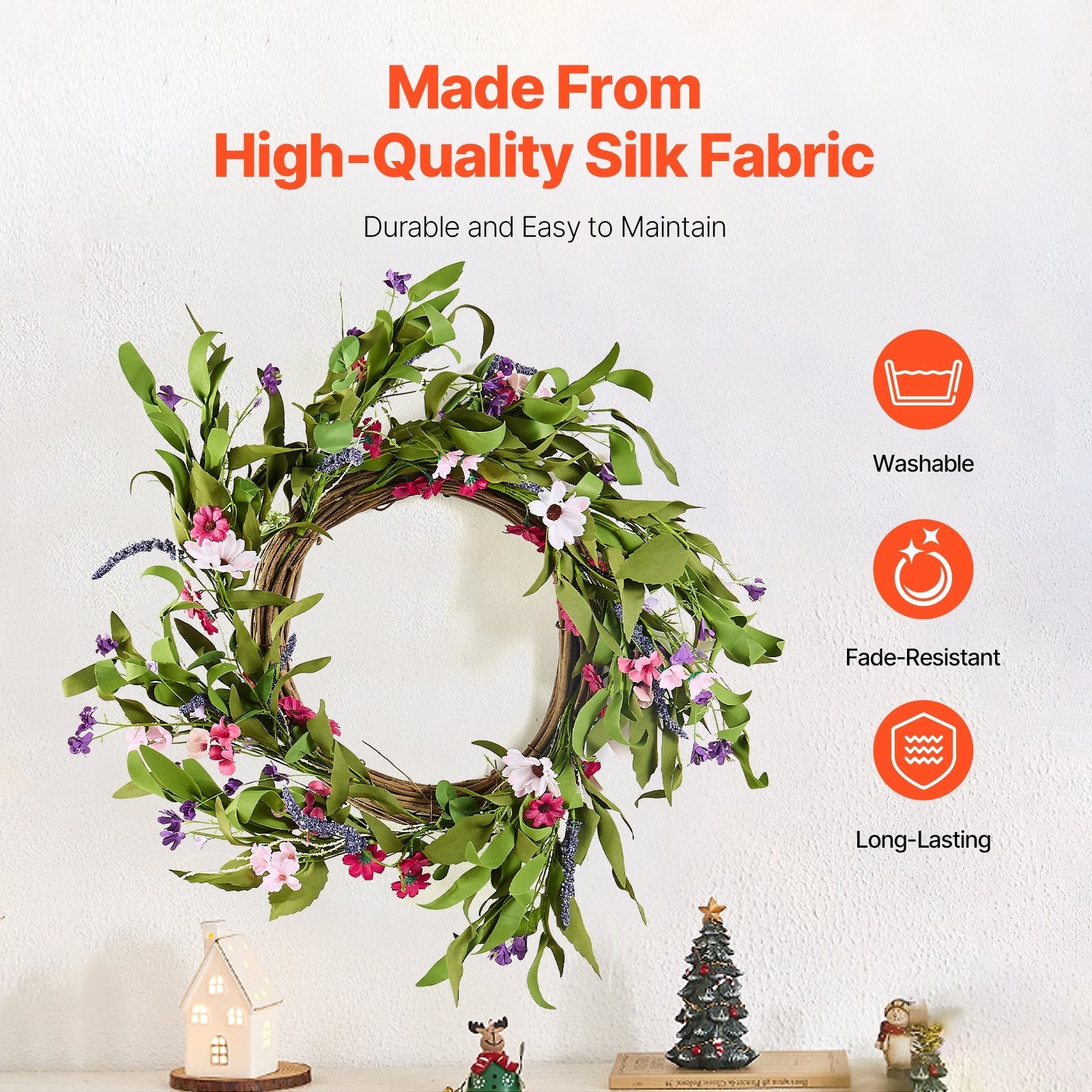 VEVOR Artificial Decorative Wreath 22 in Pink Green Daisies Year Round Wreath 