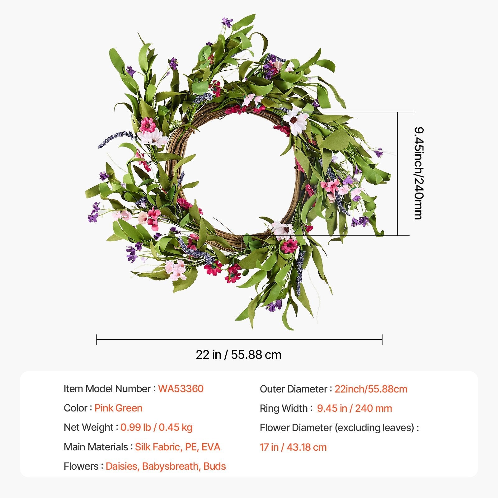 VEVOR Artificial Decorative Wreath 22 in Pink Green Daisies Year Round Wreath 