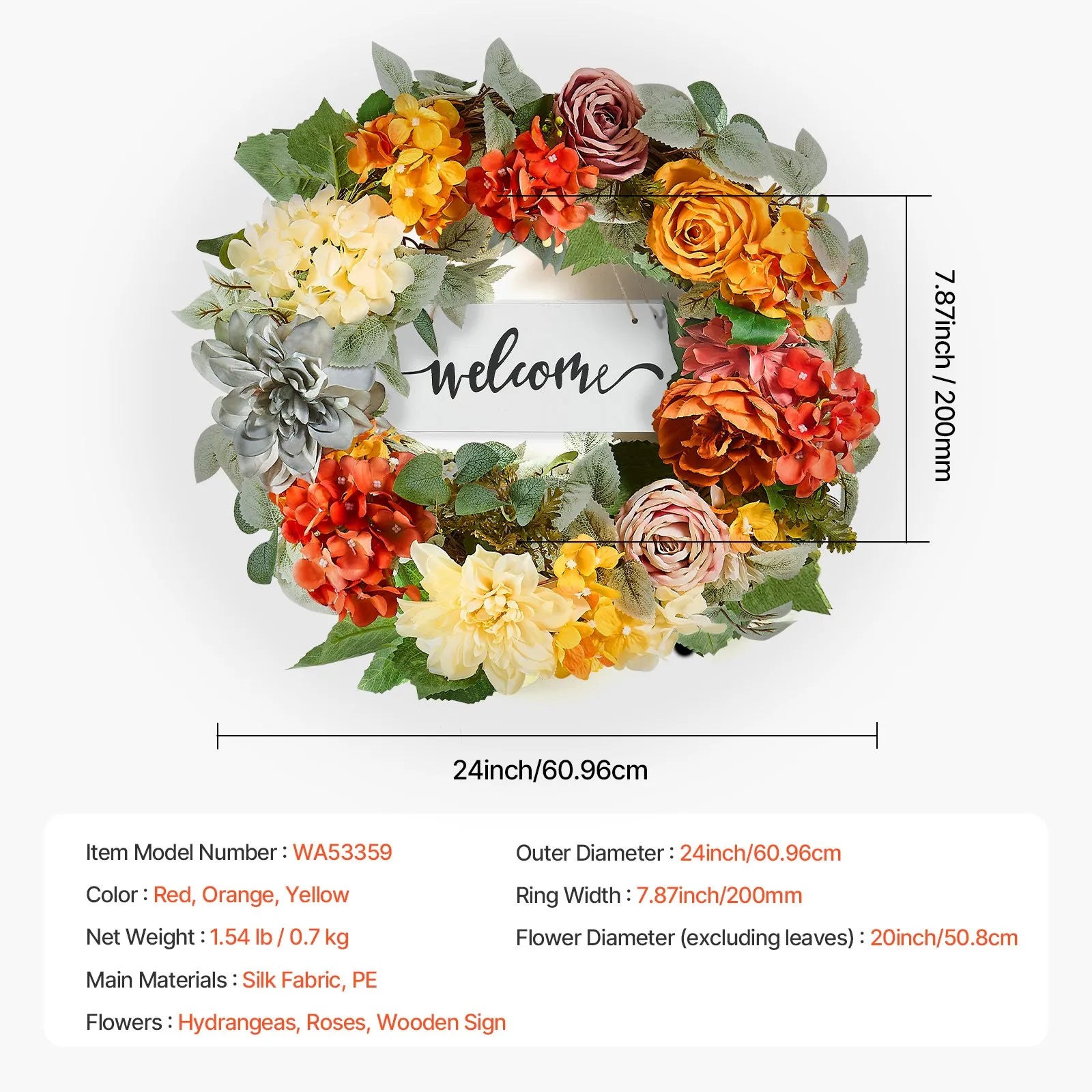 VEVOR Artificial Decorative Wreath 24 in Red Orange Yellow Hydrangeas Roses