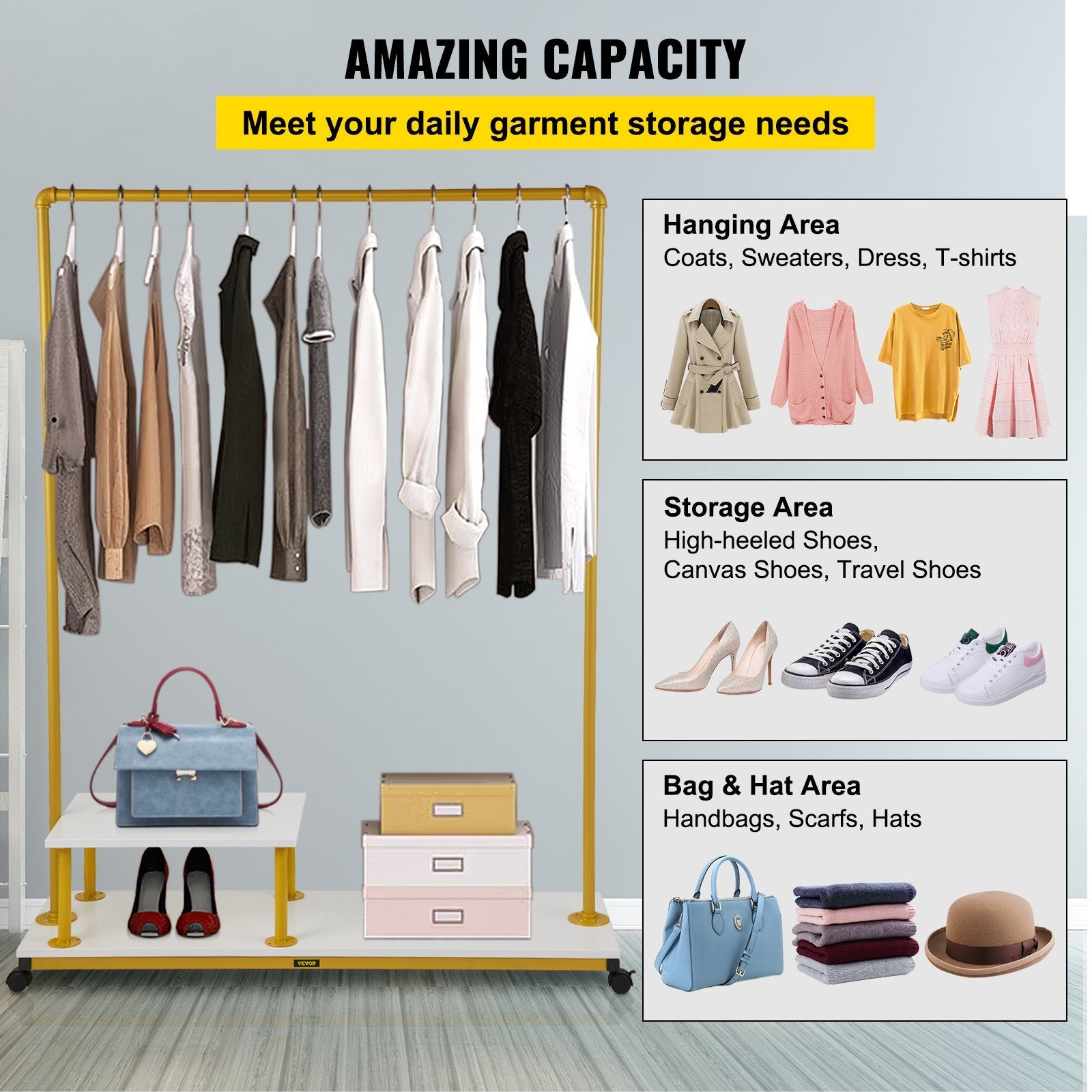 VEVOR Clothing Garment Rack, 47.2"x14.2"x63.0", Heavy-Duty Clothes Rack w/Bottom Shelf & Side Shelf, 4 Swivel Casters, Sturdy Steel Frame, Rolling Clothes Organizer for Retail Store Boutique, Gold 