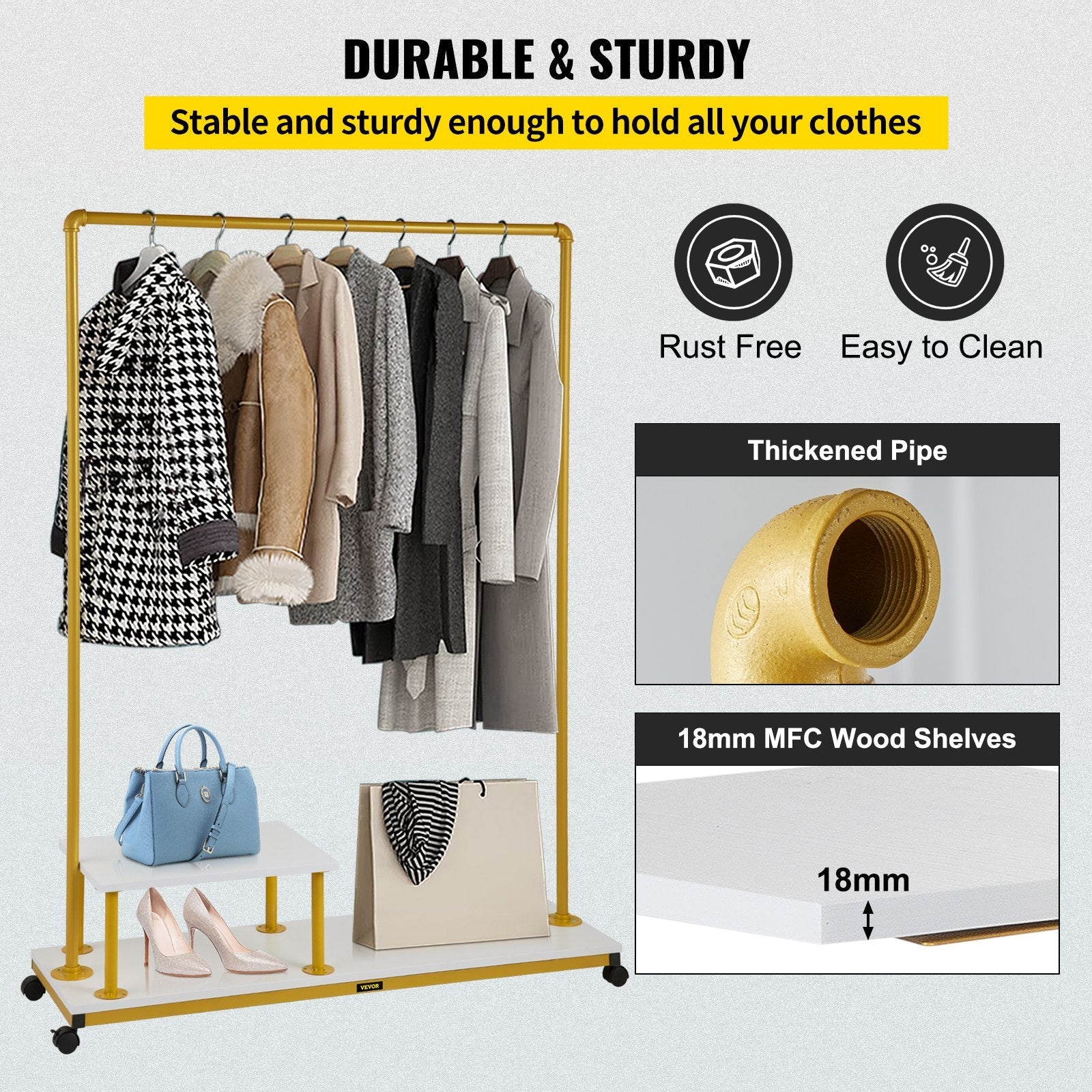 VEVOR Clothing Garment Rack, 47.2"x14.2"x63.0", Heavy-Duty Clothes Rack w/Bottom Shelf & Side Shelf, 4 Swivel Casters, Sturdy Steel Frame, Rolling Clothes Organizer for Retail Store Boutique, Gold 