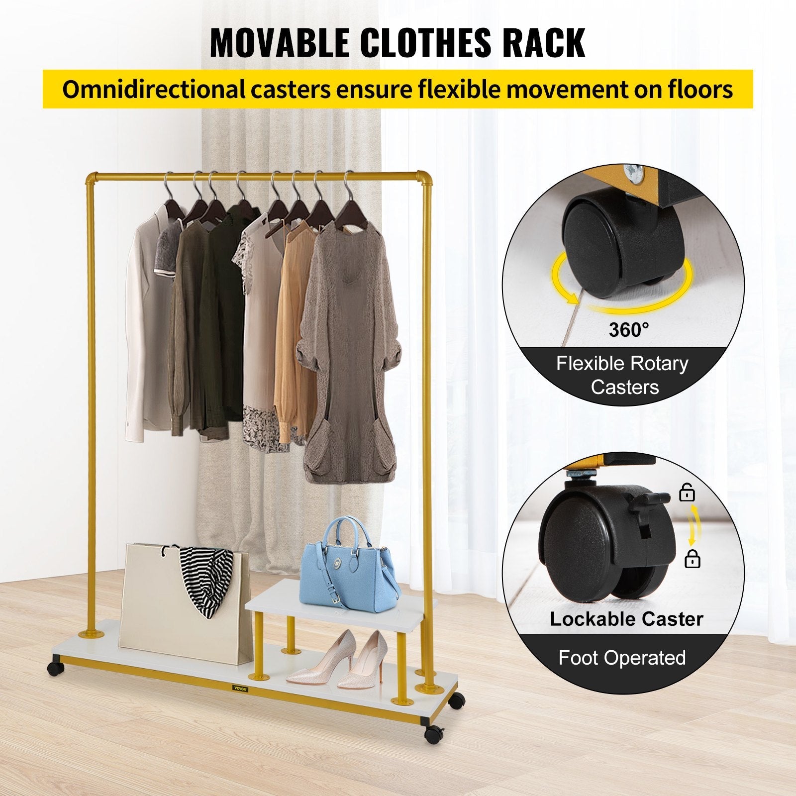 VEVOR Clothing Garment Rack, 47.2"x14.2"x63.0", Heavy-Duty Clothes Rack w/Bottom Shelf & Side Shelf, 4 Swivel Casters, Sturdy Steel Frame, Rolling Clothes Organizer for Retail Store Boutique, Gold 
