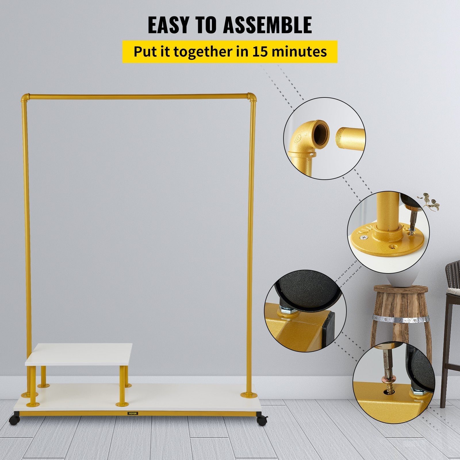 VEVOR Clothing Garment Rack, 47.2"x14.2"x63.0", Heavy-Duty Clothes Rack w/Bottom Shelf & Side Shelf, 4 Swivel Casters, Sturdy Steel Frame, Rolling Clothes Organizer for Retail Store Boutique, Gold 