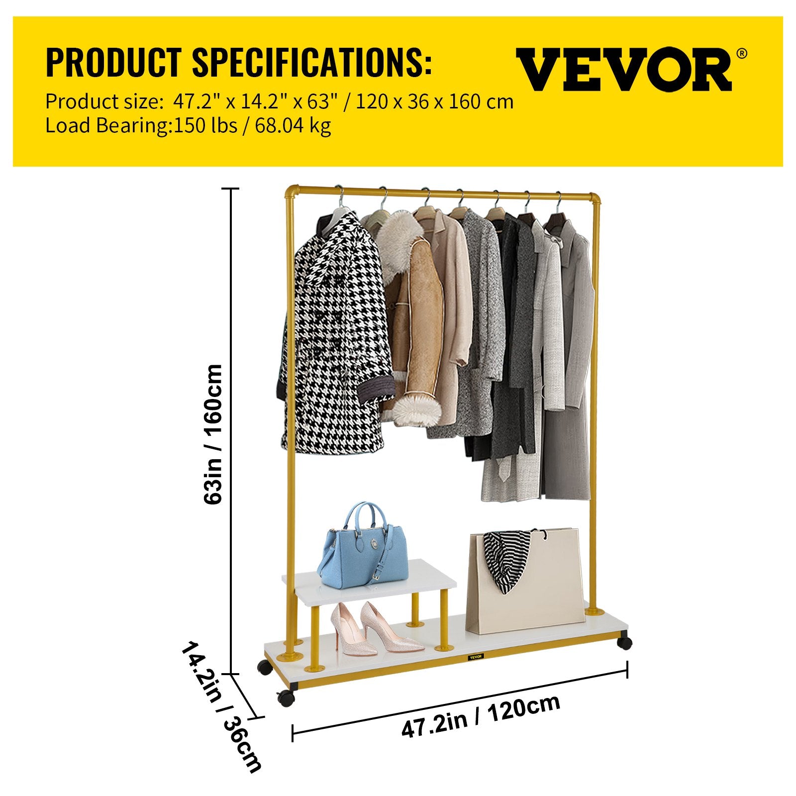 VEVOR Clothing Garment Rack, 47.2"x14.2"x63.0", Heavy-Duty Clothes Rack w/Bottom Shelf & Side Shelf, 4 Swivel Casters, Sturdy Steel Frame, Rolling Clothes Organizer for Retail Store Boutique, Gold 