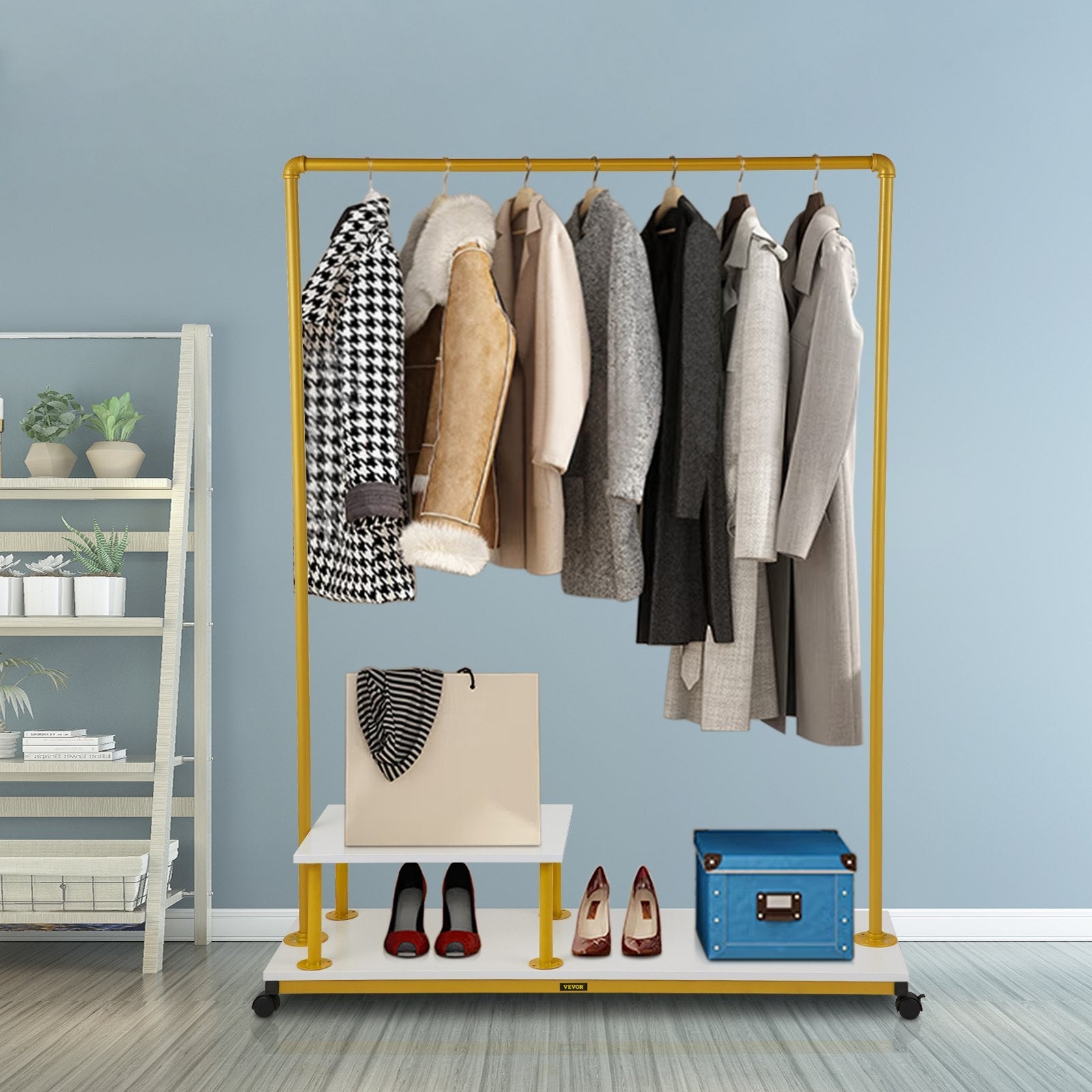 VEVOR Clothing Garment Rack, 47.2"x14.2"x63.0", Heavy-Duty Clothes Rack w/Bottom Shelf & Side Shelf, 4 Swivel Casters, Sturdy Steel Frame, Rolling Clothes Organizer for Retail Store Boutique, Gold 