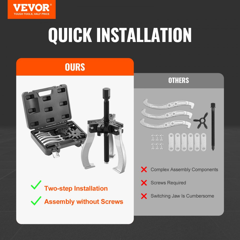 VEVOR Gear Puller Set, 3" and 7" Puller Kit, 3 Jaw Gear Bearing Flywheel Pulley Removal Tool, 2 or 3 Reversible Jaws Wheel Puller, Vertically and Horizontally, External and Internal, 2-Piece 