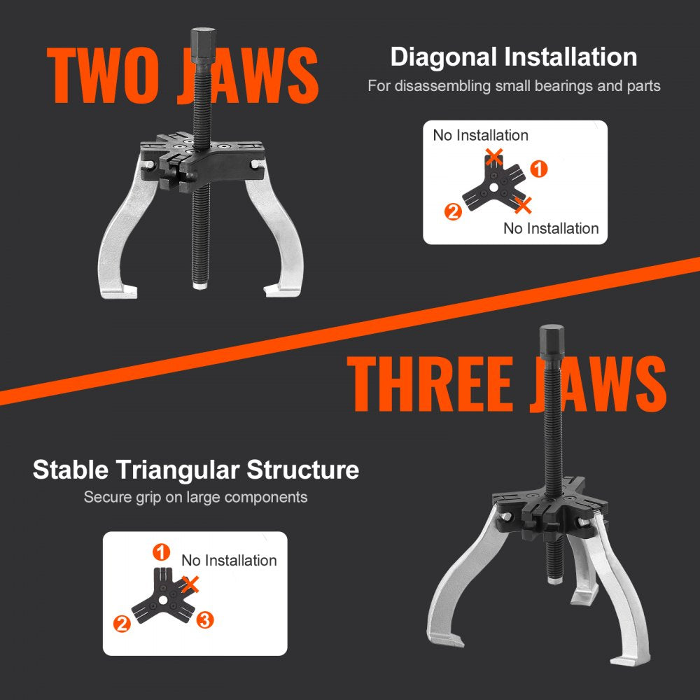 VEVOR Gear Puller Set, 3" and 7" Puller Kit, 3 Jaw Gear Bearing Flywheel Pulley Removal Tool, 2 or 3 Reversible Jaws Wheel Puller, Vertically and Horizontally, External and Internal, 2-Piece 