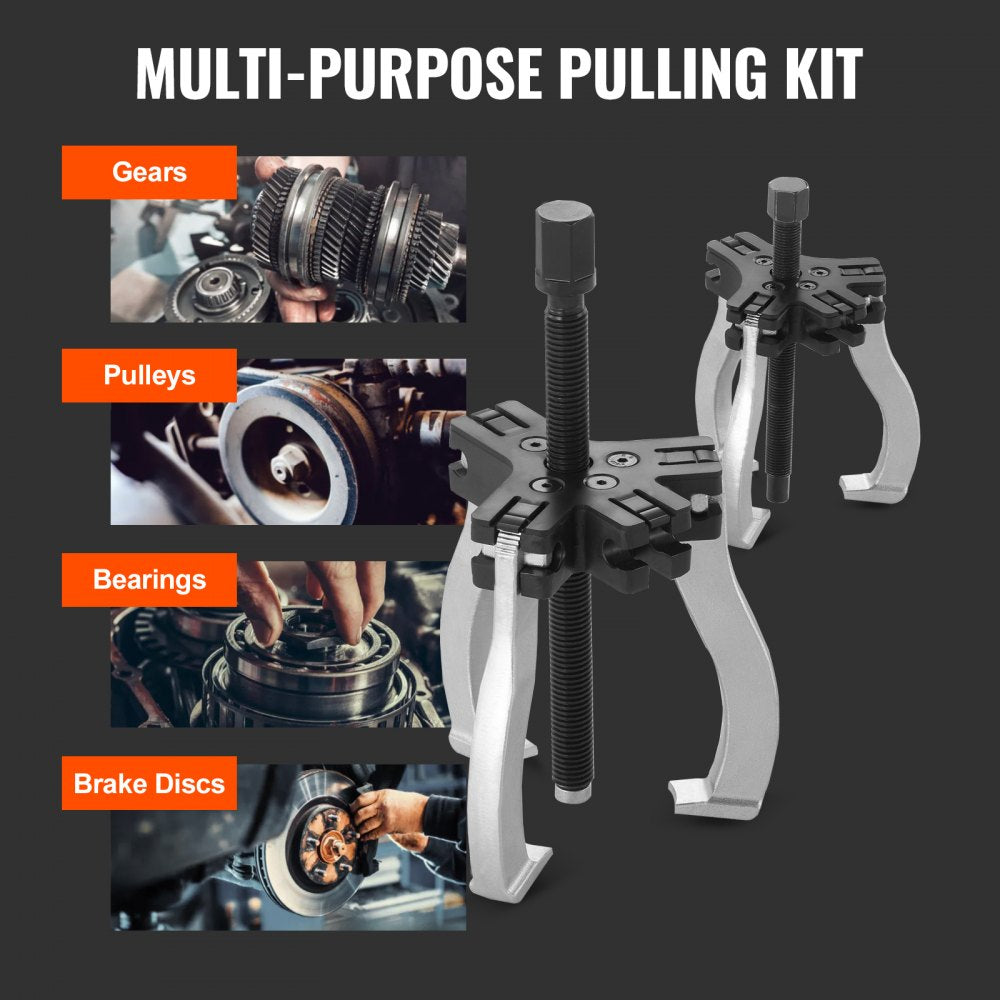 VEVOR Gear Puller Set, 3" and 7" Puller Kit, 3 Jaw Gear Bearing Flywheel Pulley Removal Tool, 2 or 3 Reversible Jaws Wheel Puller, Vertically and Horizontally, External and Internal, 2-Piece 