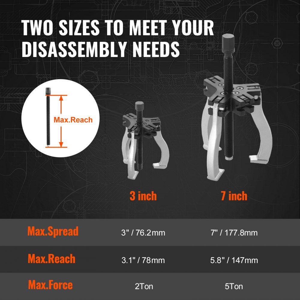 VEVOR Gear Puller Set, 3" and 7" Puller Kit, 3 Jaw Gear Bearing Flywheel Pulley Removal Tool, 2 or 3 Reversible Jaws Wheel Puller, Vertically and Horizontally, External and Internal, 2-Piece 