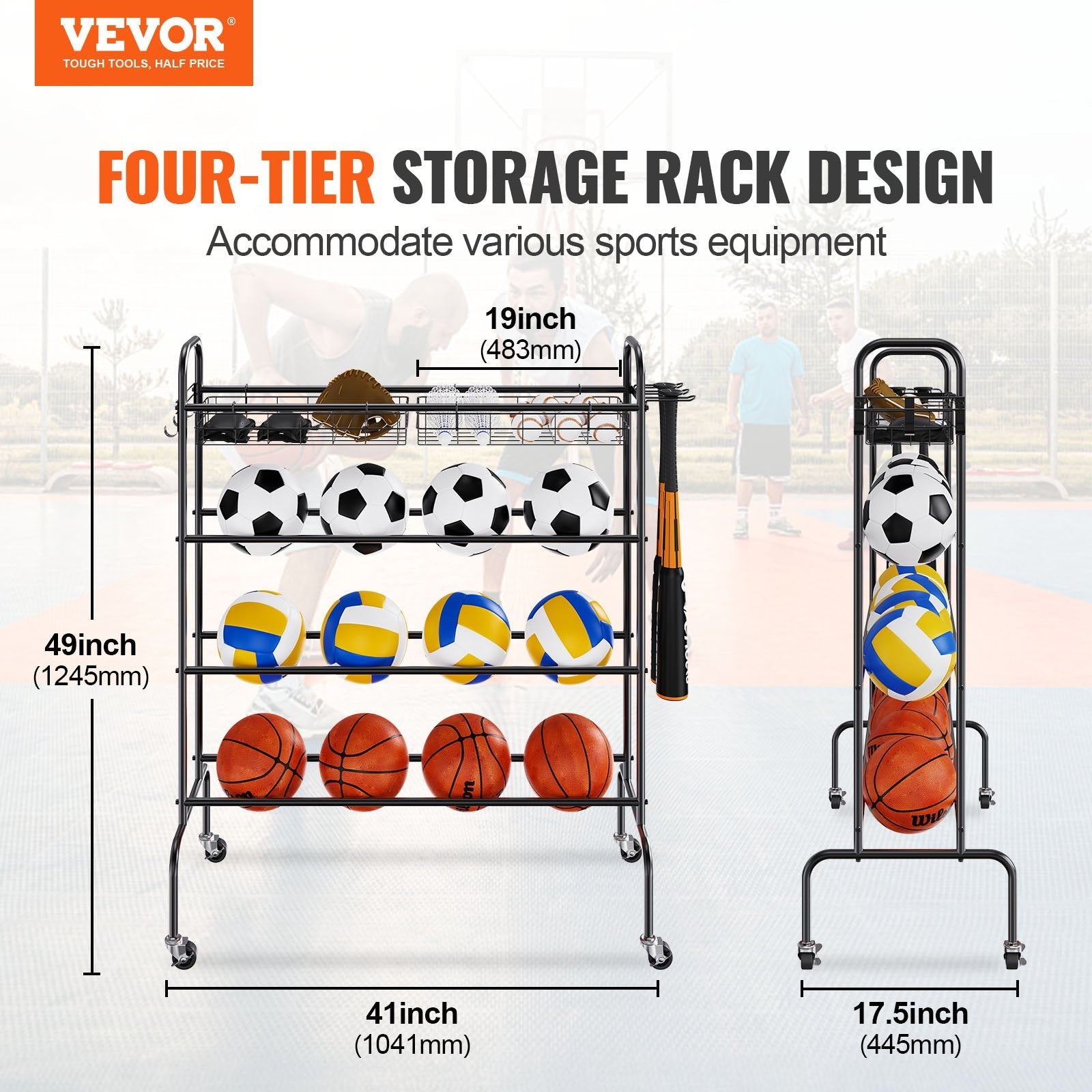 VEVOR Basketball Rack, 4-Layers Rolling Basketball Shooting Training Stand, Sports Equipment Storage Organizer with Wheels, Hooks and Baskets, Garage Ball Storage Holder for Football Soccer Volleyball 