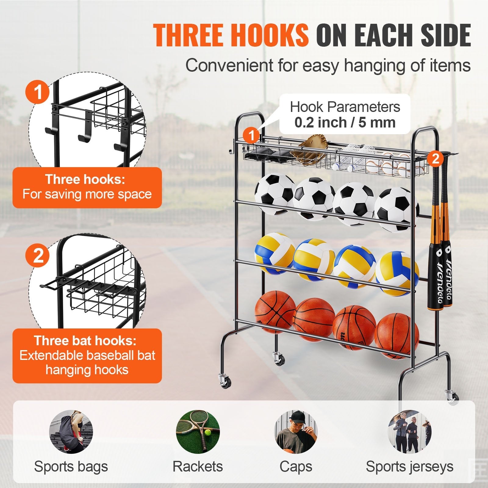 VEVOR Basketball Rack, 4-Layers Rolling Basketball Shooting Training Stand, Sports Equipment Storage Organizer with Wheels, Hooks and Baskets, Garage Ball Storage Holder for Football Soccer Volleyball 