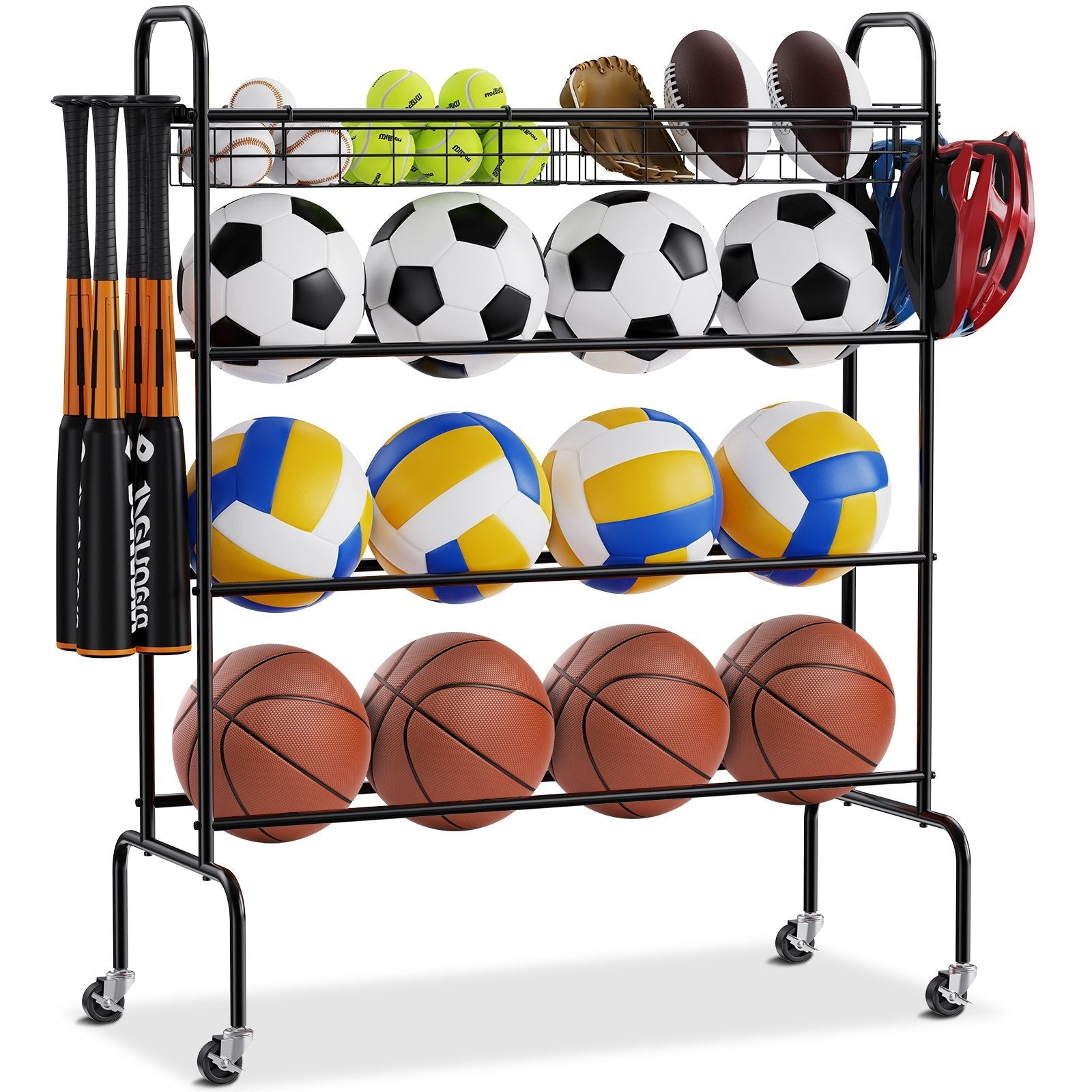 VEVOR Basketball Rack, 4-Layers Rolling Basketball Shooting Training Stand, Sports Equipment Storage Organizer with Wheels, Hooks and Baskets, Garage Ball Storage Holder for Football Soccer Volleyball 