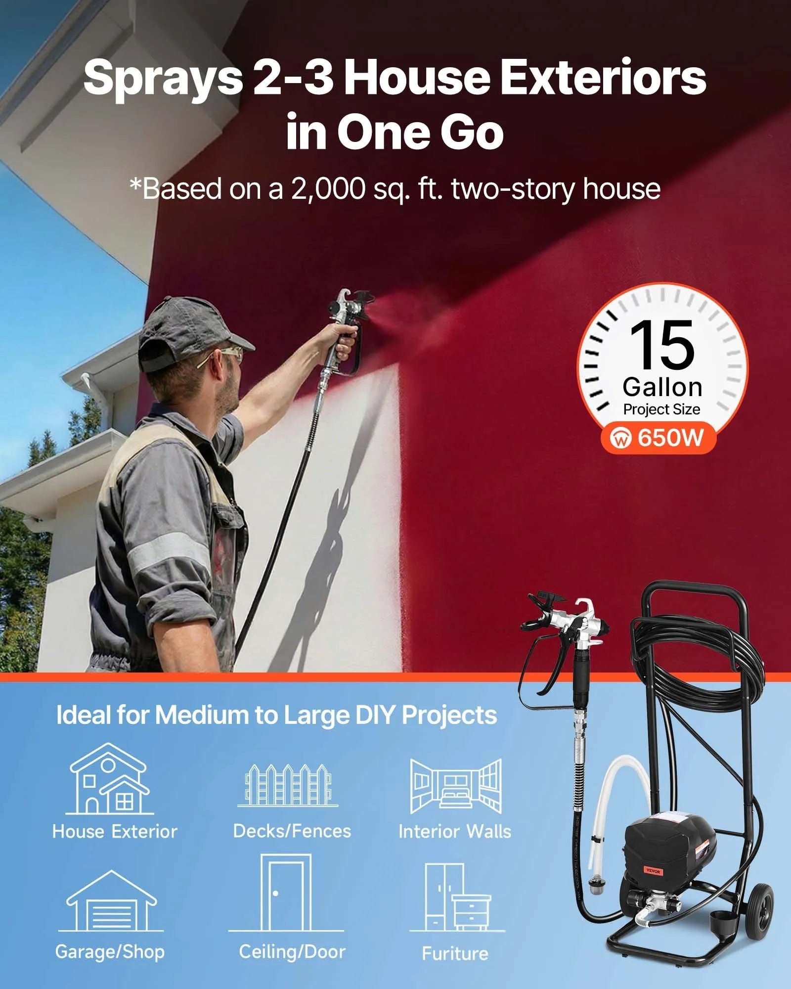 VEVOR Stand Airless Paint Sprayer, 650W, 3000PSI High Pressure Airless Sprayer with Cart, Cleaning Brush, Hose, Extension Rod, Nozzles, Electric Spray Paint Machine for House Exterior and Interior 