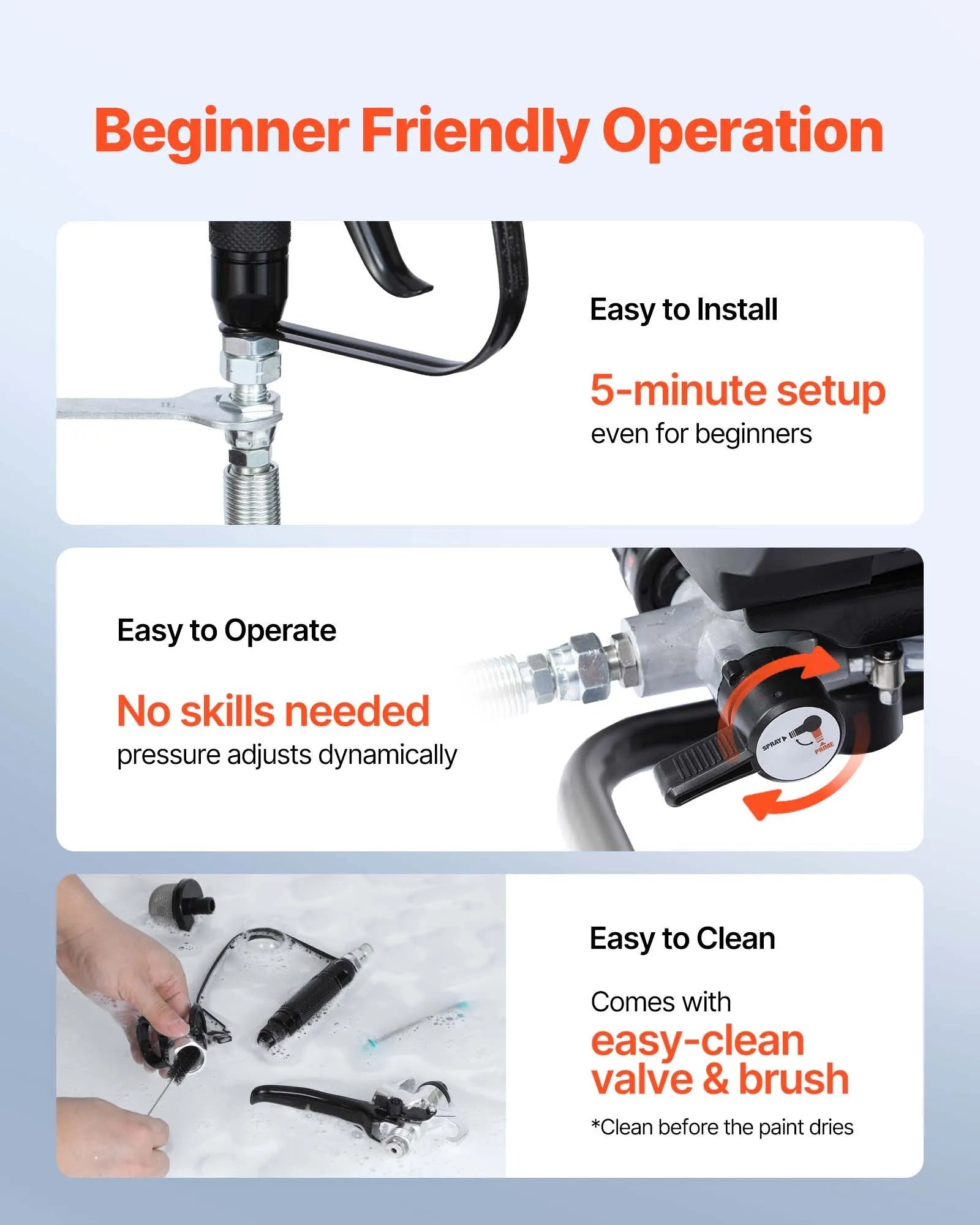 VEVOR Stand Airless Paint Sprayer, 650W, 3000PSI High Pressure Airless Sprayer with Cart, Cleaning Brush, Hose, Extension Rod, Nozzles, Electric Spray Paint Machine for House Exterior and Interior 