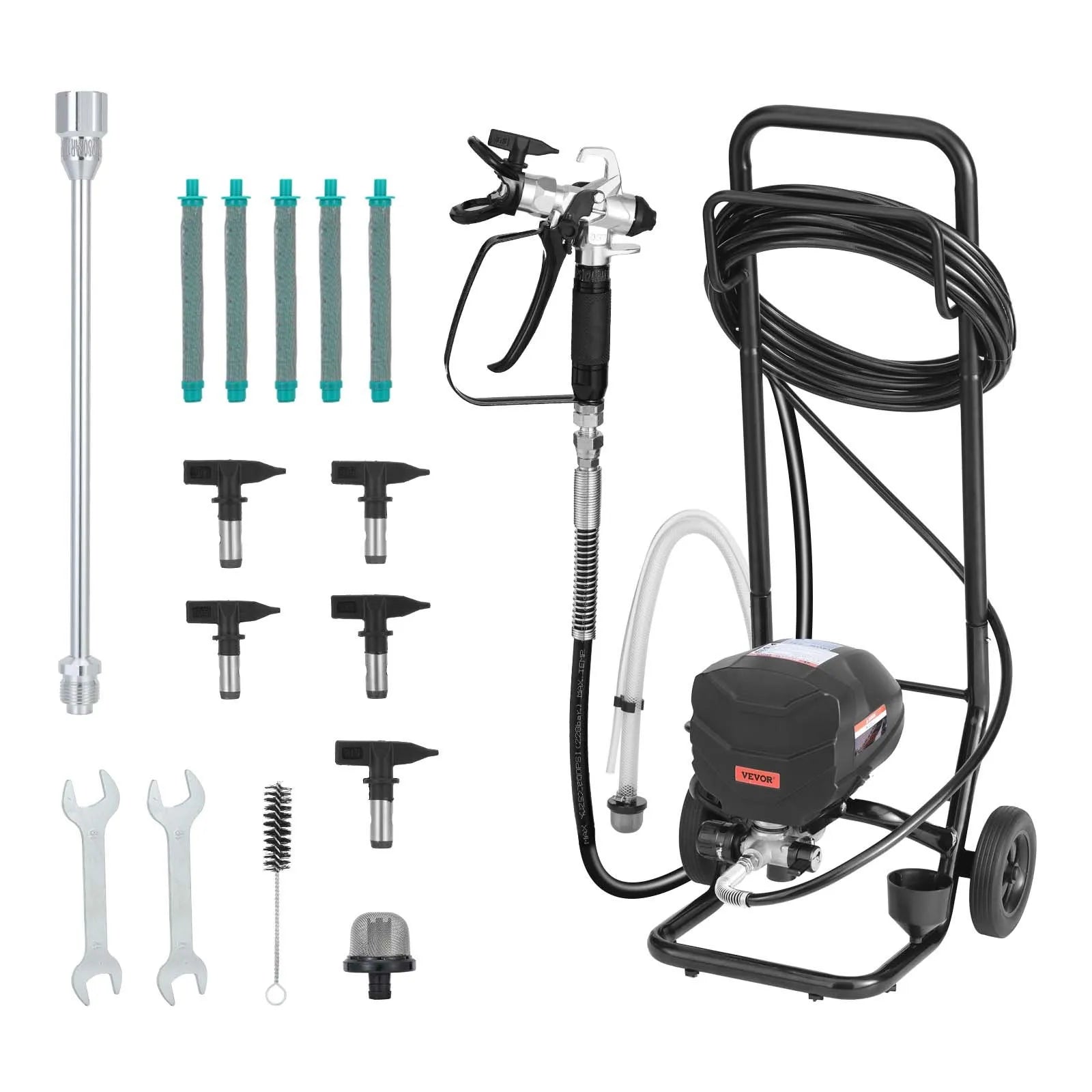 VEVOR Stand Airless Paint Sprayer, 650W, 3000PSI High Pressure Airless Sprayer with Cart, Cleaning Brush, Hose, Extension Rod, Nozzles, Electric Spray Paint Machine for House Exterior and Interior 