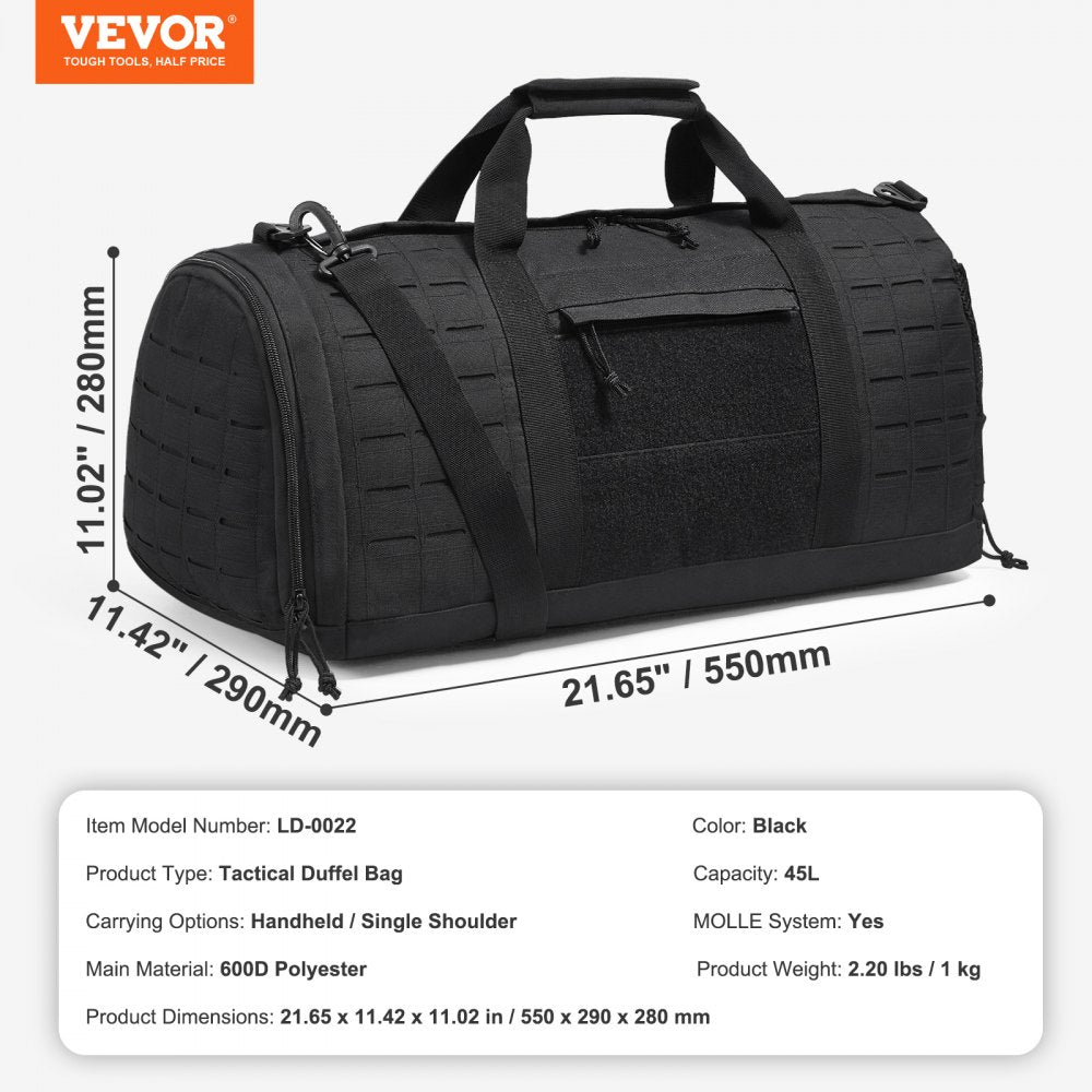VEVOR Tactical Duffle Bag 45L Gym Bag Duffle Molle Design & Shoe Compartment 