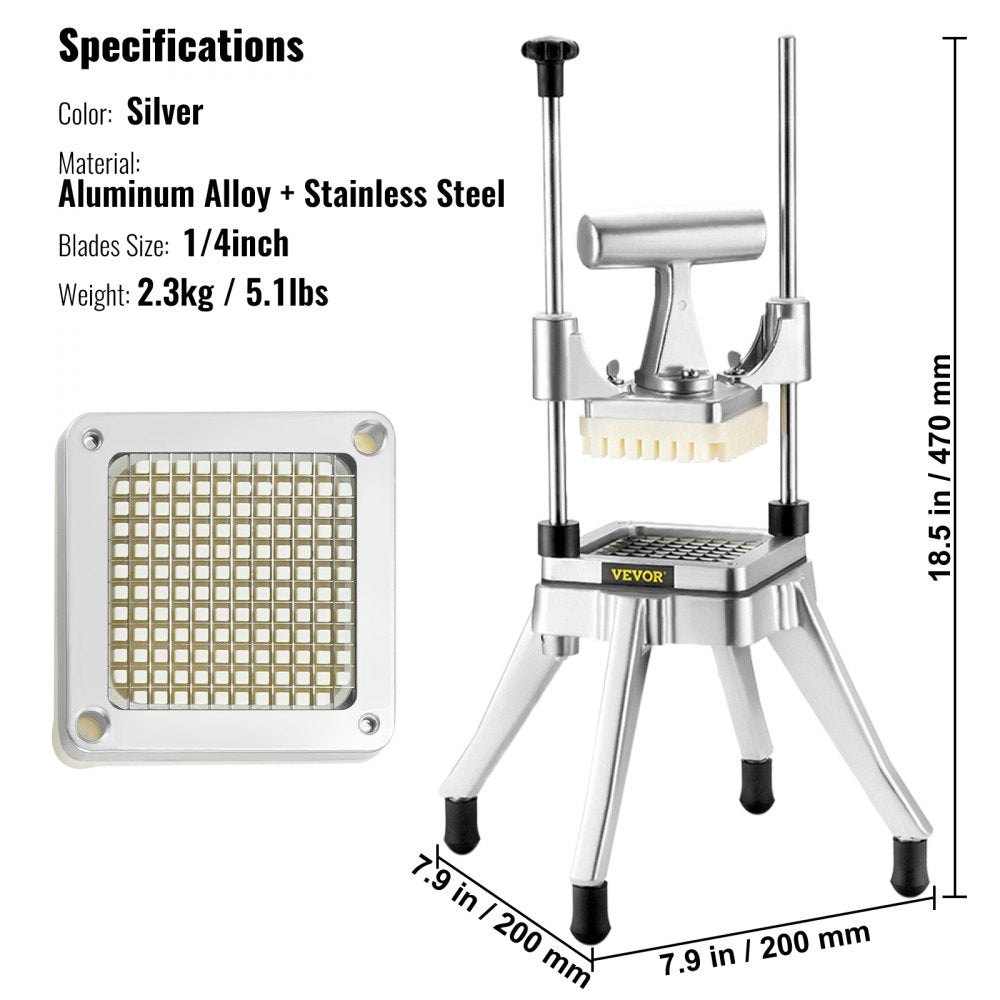 VEVOR Commercial Vegetable Fruit Chopper 1/4" Blade Heavy Duty Professional Food Dicer Kattex French Fry Cutter Onion Slicer Stainless Steel for Tomato Peppers Potato Mushroom 
