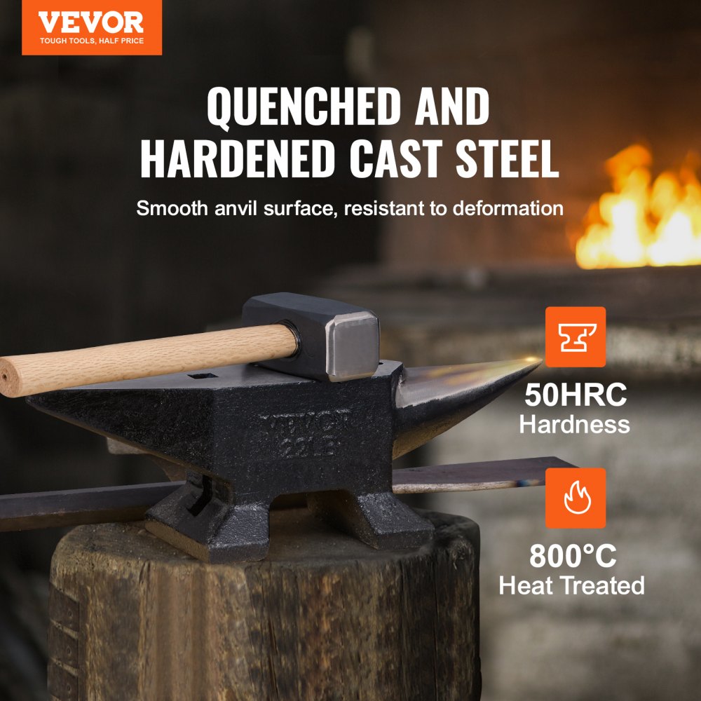 VEVOR Single Horn Anvil, 22Lbs Cast Steel Anvil, High Hardness Rugged Round Horn Anvil Blacksmith, Large Countertop and Stable Base, with Round and Square Hole, Metalsmith Tool for Bending and Shaping 