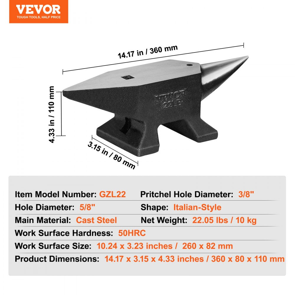 VEVOR Single Horn Anvil, 22Lbs Cast Steel Anvil, High Hardness Rugged Round Horn Anvil Blacksmith, Large Countertop and Stable Base, with Round and Square Hole, Metalsmith Tool for Bending and Shaping 