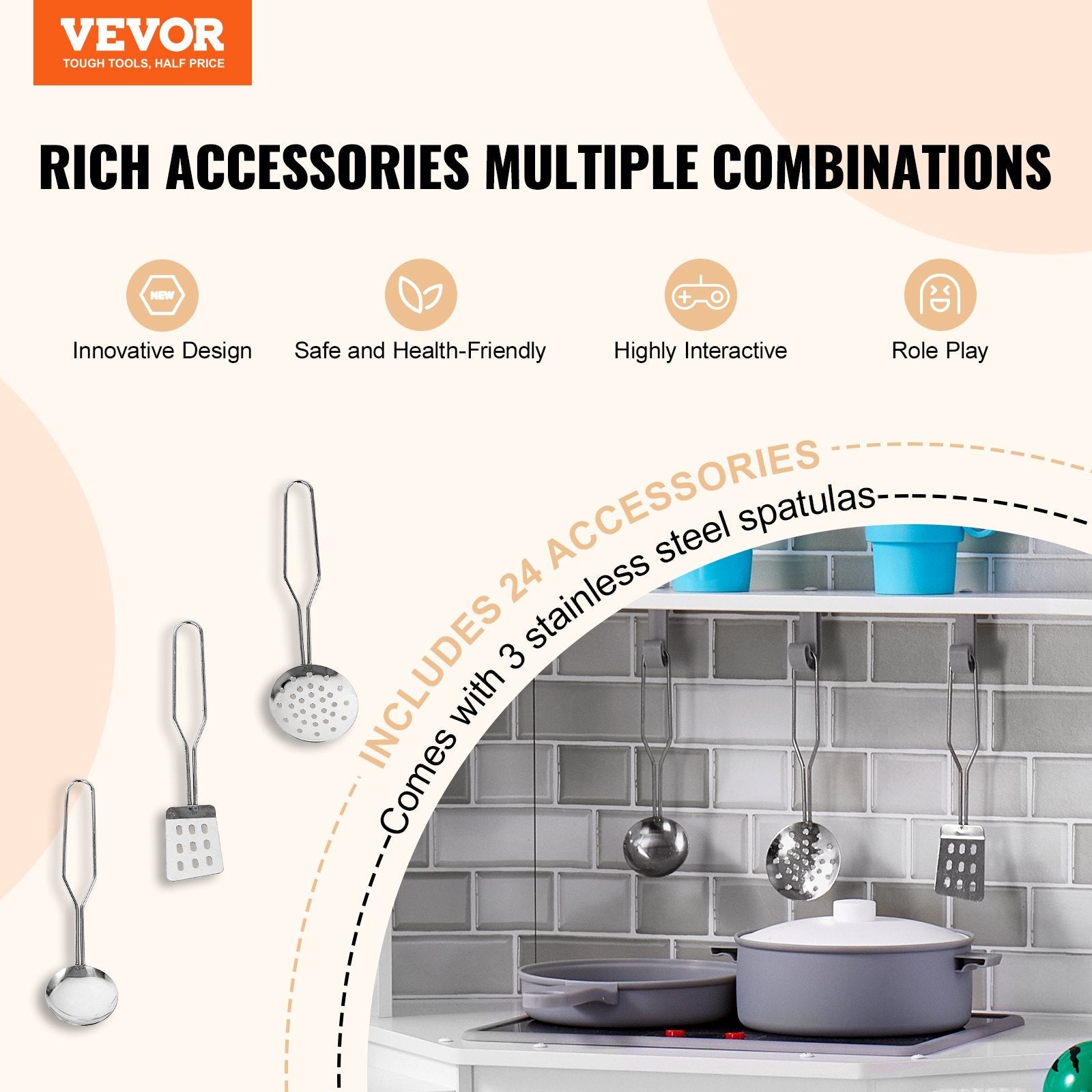 VEVOR Kitchen Playset Kids Pretend Cooking Play Toy 24 Piece Accessories White 