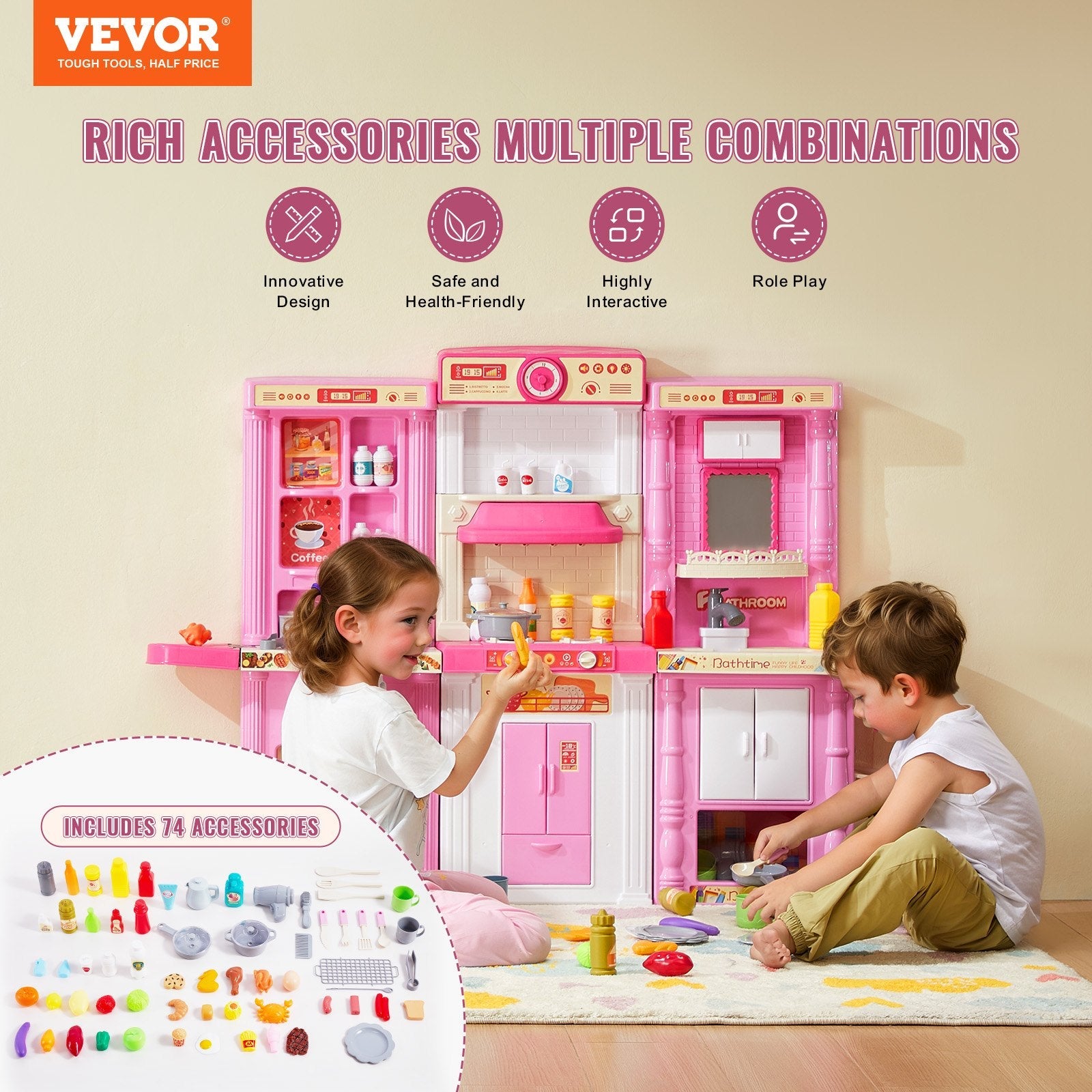 VEVOR Kitchen Playset Kids Pretend Cooking Play Toy 74 Piece Accessories Pink 