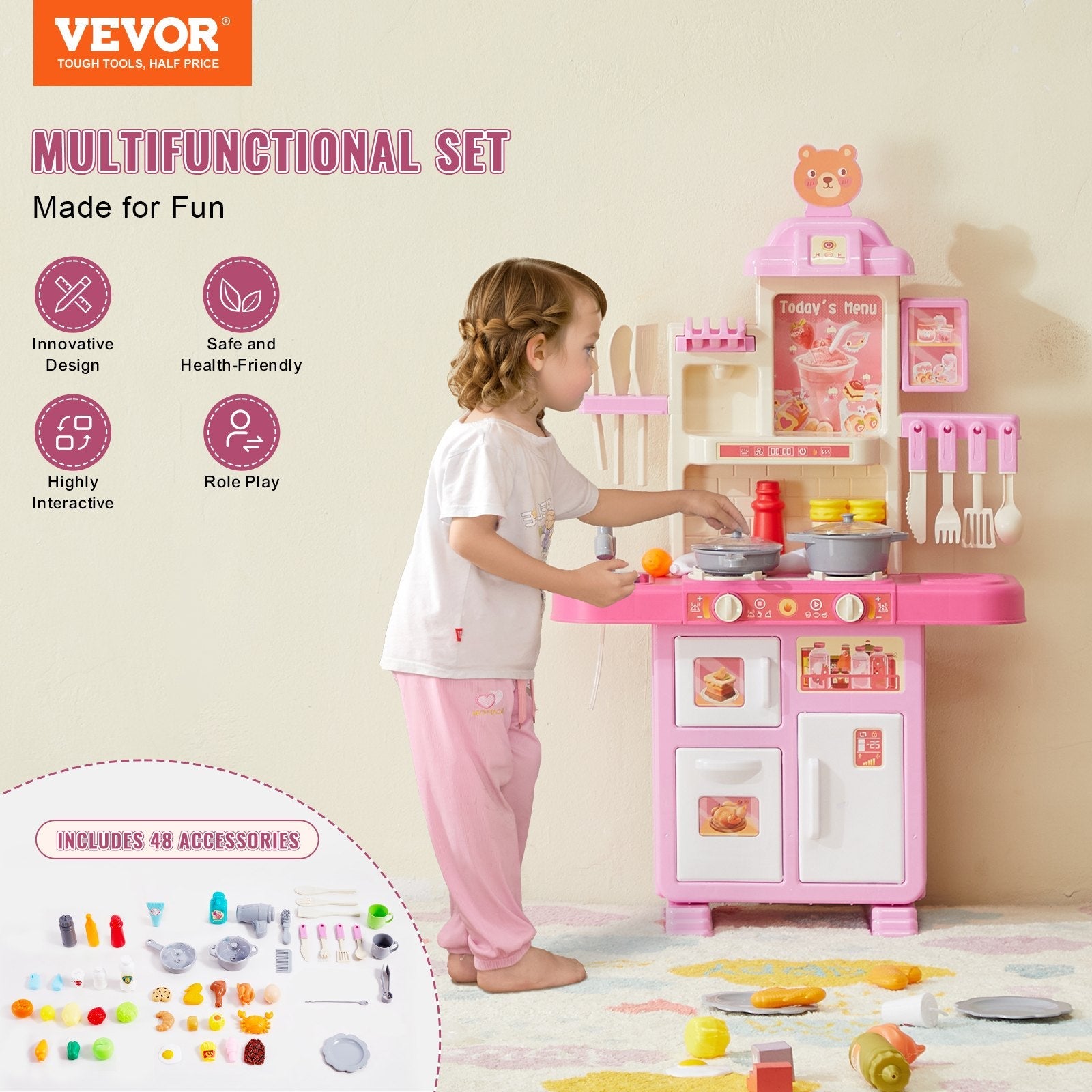 VEVOR Kitchen Playset Kids Pretend Cooking Play Toy 48 Piece Accessories Pink 