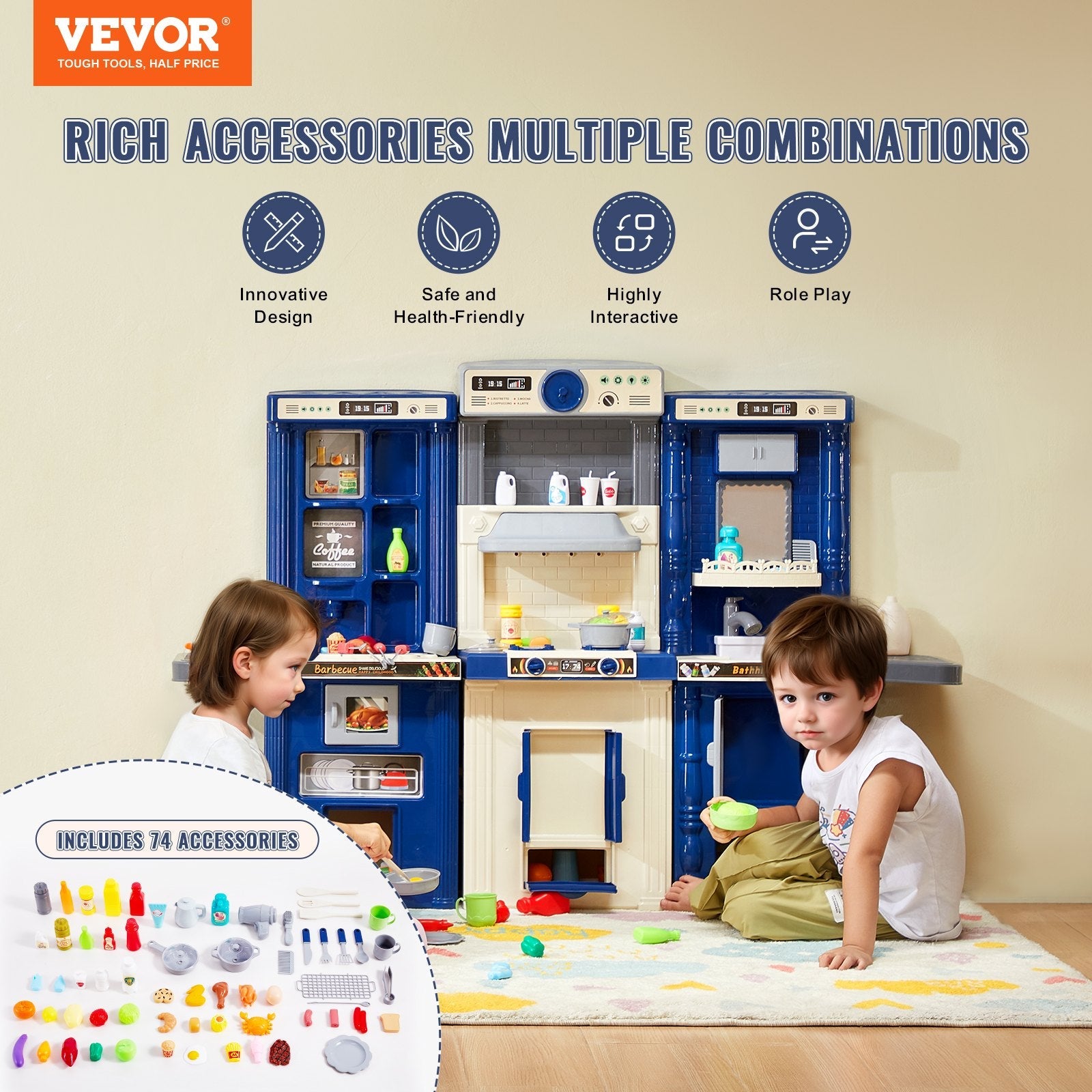VEVOR Kitchen Playset Kids Pretend Cooking Play Toy 74 Piece Accessories Blue 