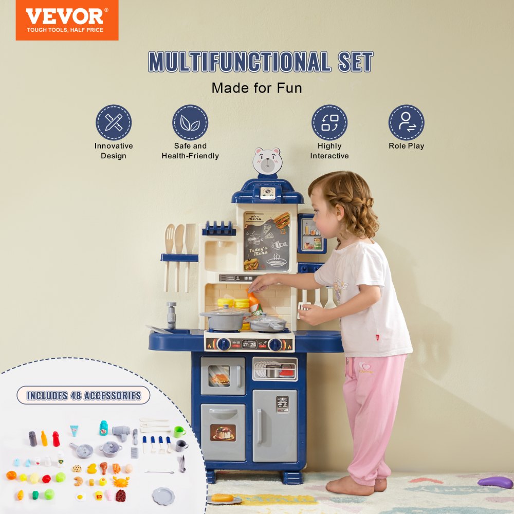 VEVOR Kitchen Playset Kids Pretend Cooking Play Toy 48 Piece Accessories Blue 