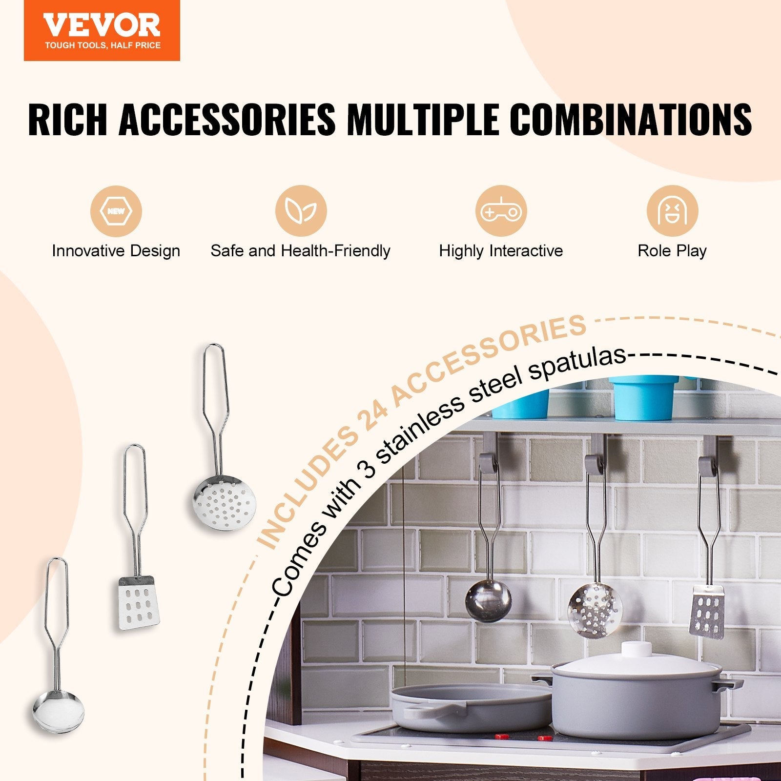 VEVOR Kitchen Playset Kids Pretend Cooking Play Toy 24 Piece Accessories Brown 