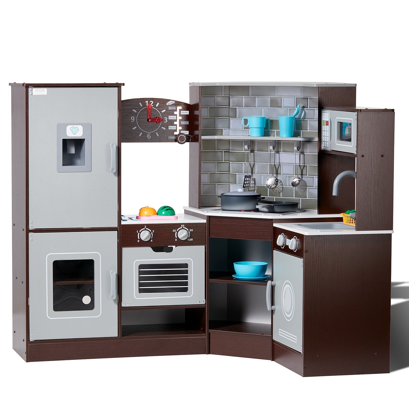 VEVOR Kitchen Playset Kids Pretend Cooking Play Toy 24 Piece Accessories Brown 