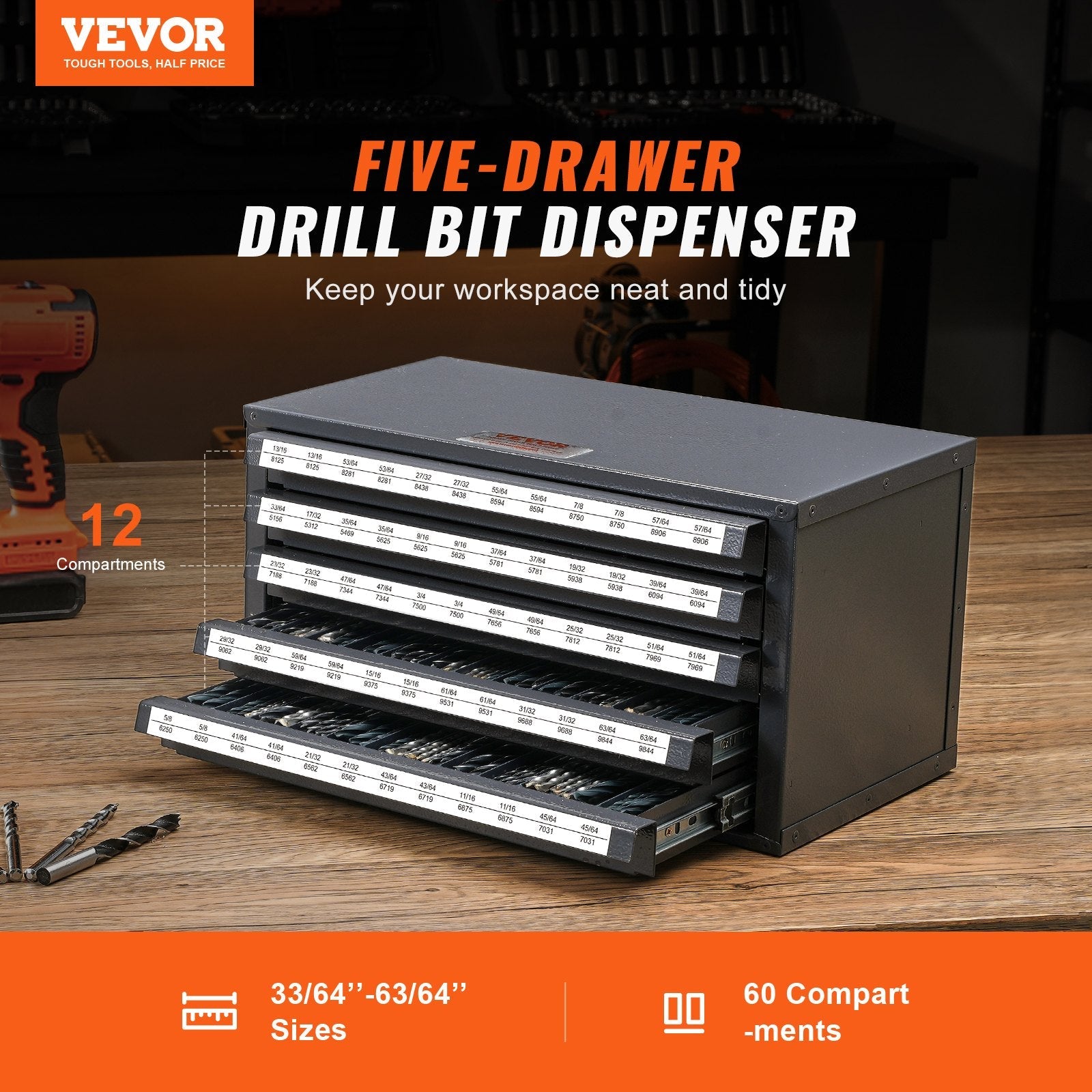 VEVOR Drill Bit Dispenser Cabinet, Five-Drawer Drill Bit Organizer Cabinet for 33/64" to 63/64" Steel Drill Dispenser Organizer Cabinet with Labels, Stackable Drill Dispenser for Drill Bit Storage 