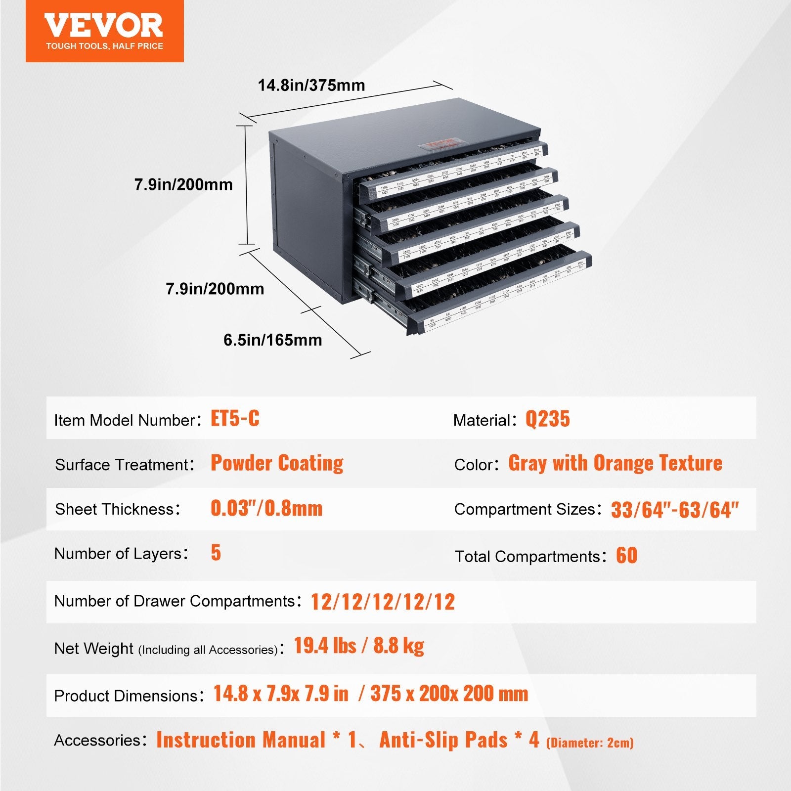 VEVOR Drill Bit Dispenser Cabinet, Five-Drawer Drill Bit Organizer Cabinet for 33/64" to 63/64" Steel Drill Dispenser Organizer Cabinet with Labels, Stackable Drill Dispenser for Drill Bit Storage 