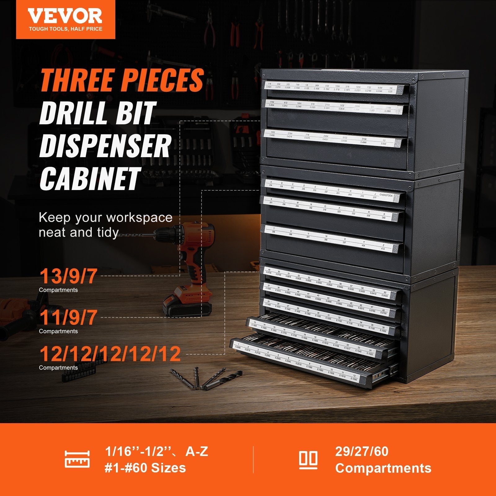 VEVOR Drill Bit Dispenser Cabinet, 3 Pieces Three-Drawer for 1/16" to 1/2" & Letter Sizes A to Z, Five-Drawer Drill Bit Organizer for Wire Gauge Sizes #1 to #60, Stackable for Drill Bit Storage 